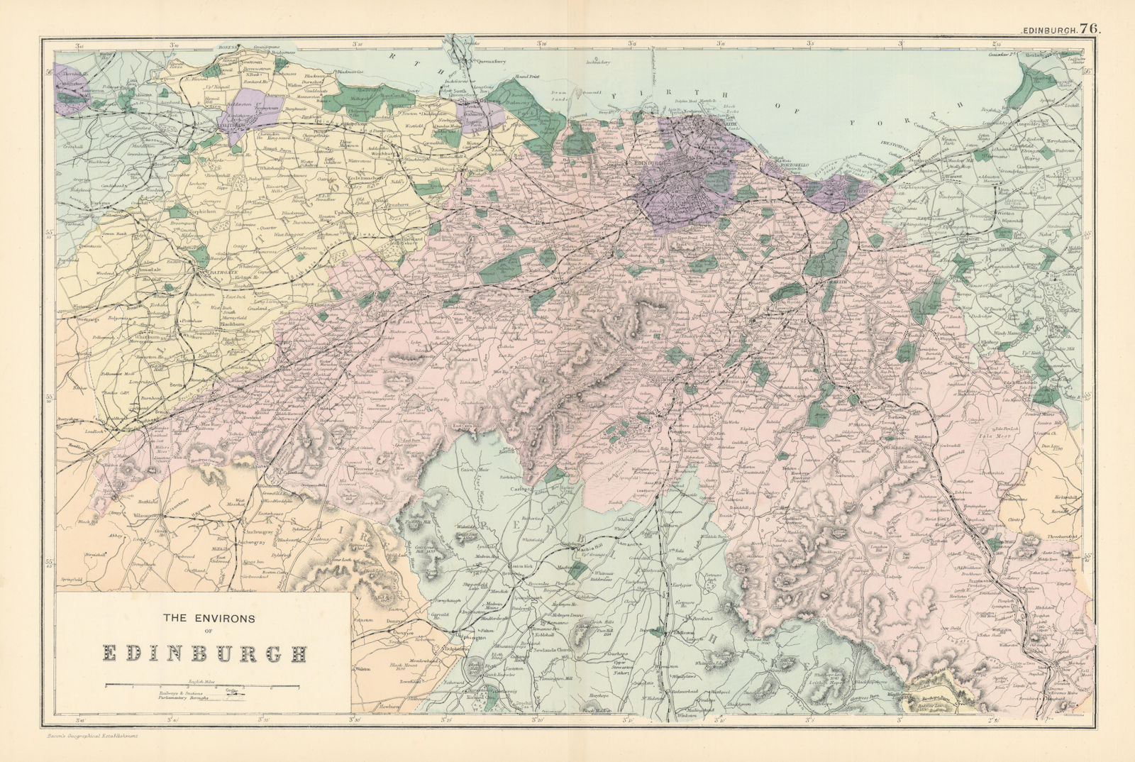 Associate Product EDINBURGH & ENVIRONS West Lothian Midlothian antique map by GW BACON 1895