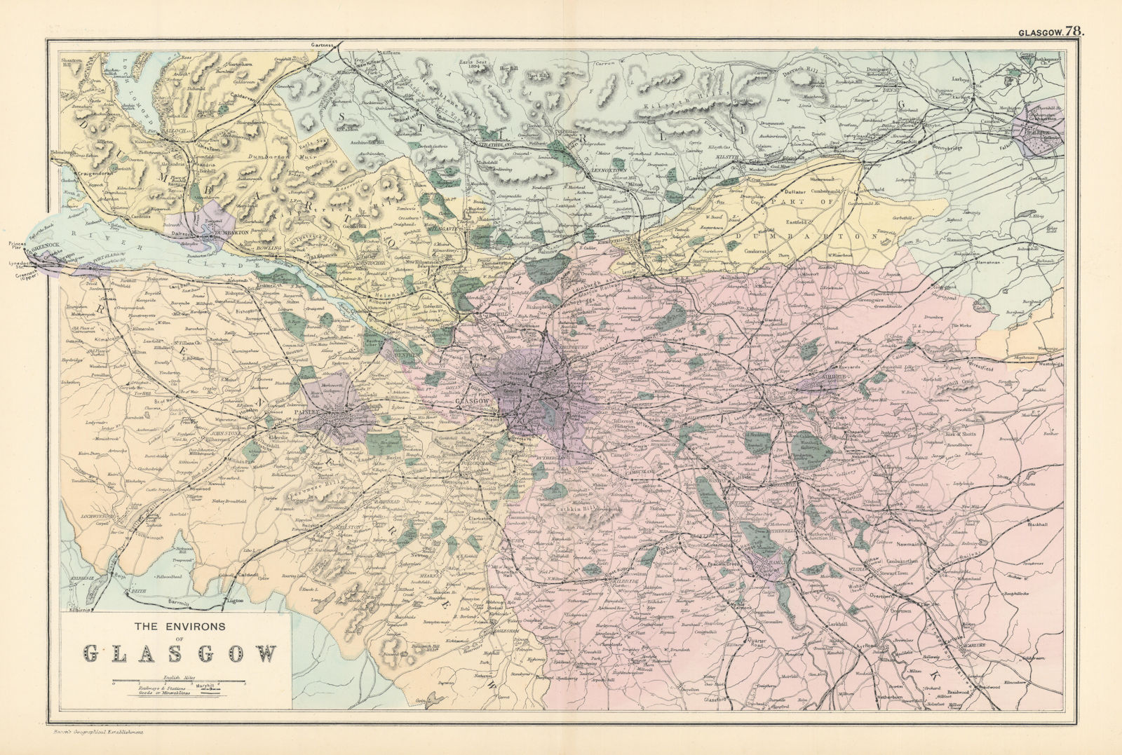 Associate Product GLASGOW & ENVIRONS Lanark Renfrew Dumbarton Stirling antique map. GW BACON 1895