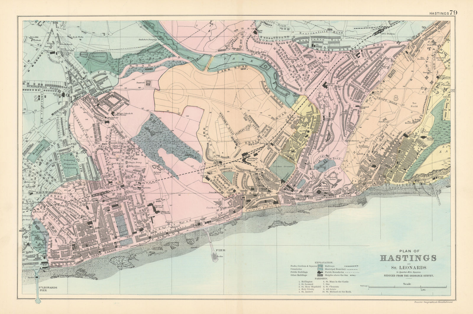 Associate Product HASTINGS & St Leonards town city plan by GW BACON 1895 old antique map chart