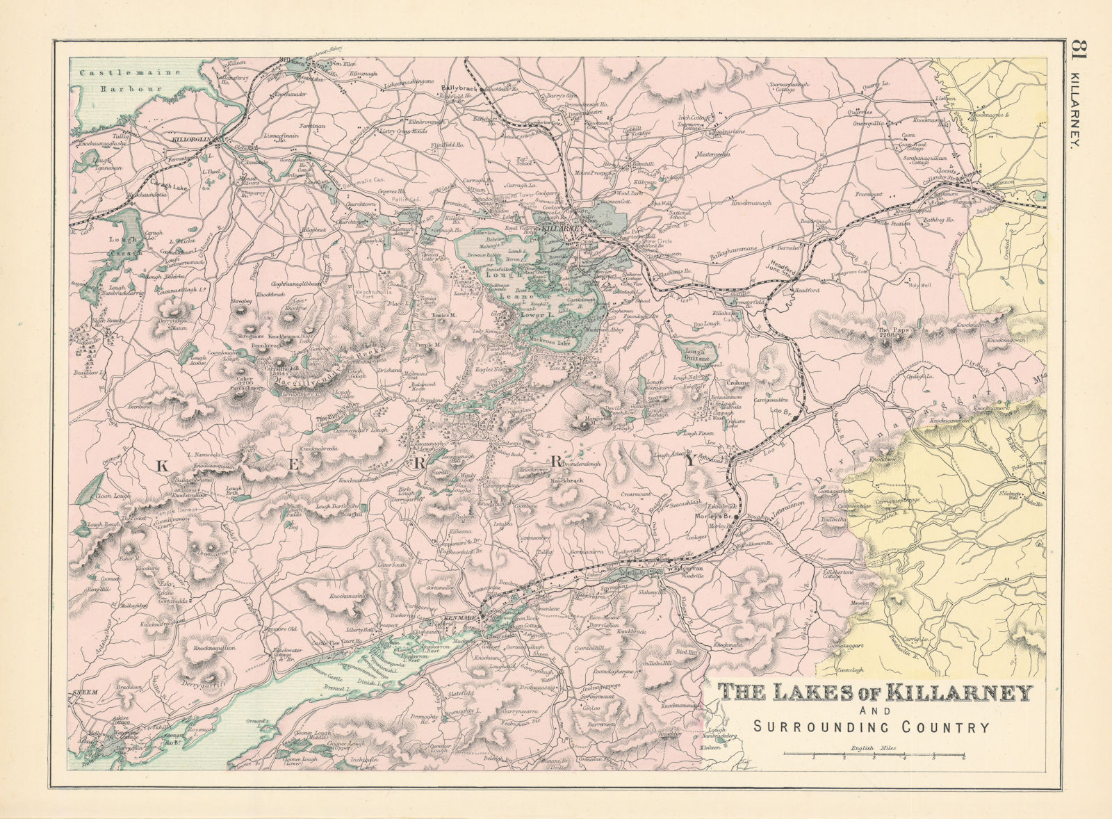 KILLARNEY LAKES Kerry Kenmare Ireland antique map by GW BACON 1895 old