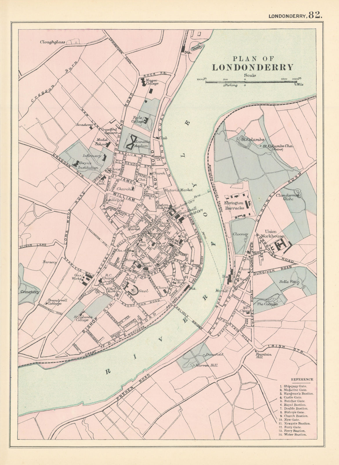 LONDONDERRY town city plan. Foyle Brandywell Dungiven Road. BACON 1895 old map