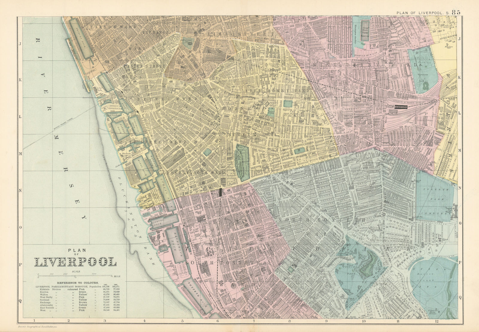 LIVERPOOL SOUTH Toxteth Riverside antique city plan by GW BACON 1895 old map