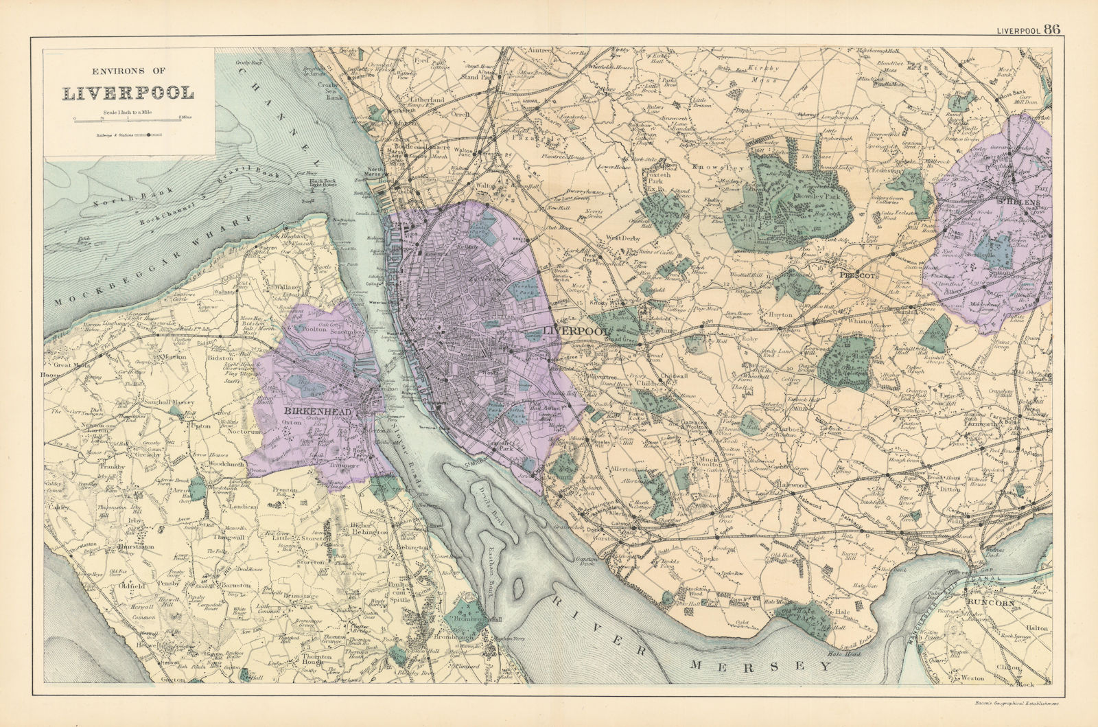 MERSEYSIDE Liverpool Birkenhead Wirral St Helens Knowsley antique map BACON 1895