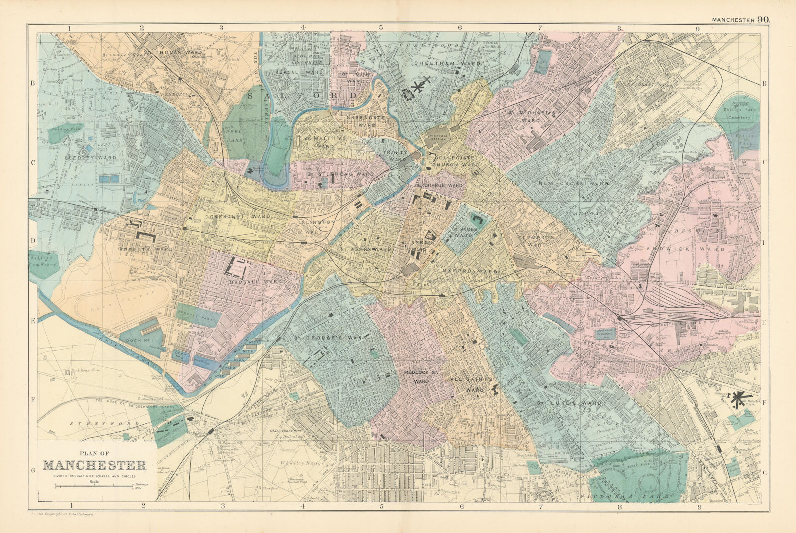 Associate Product MANCHESTER Salford Trafford antique town city plan GW BACON 1895 old map