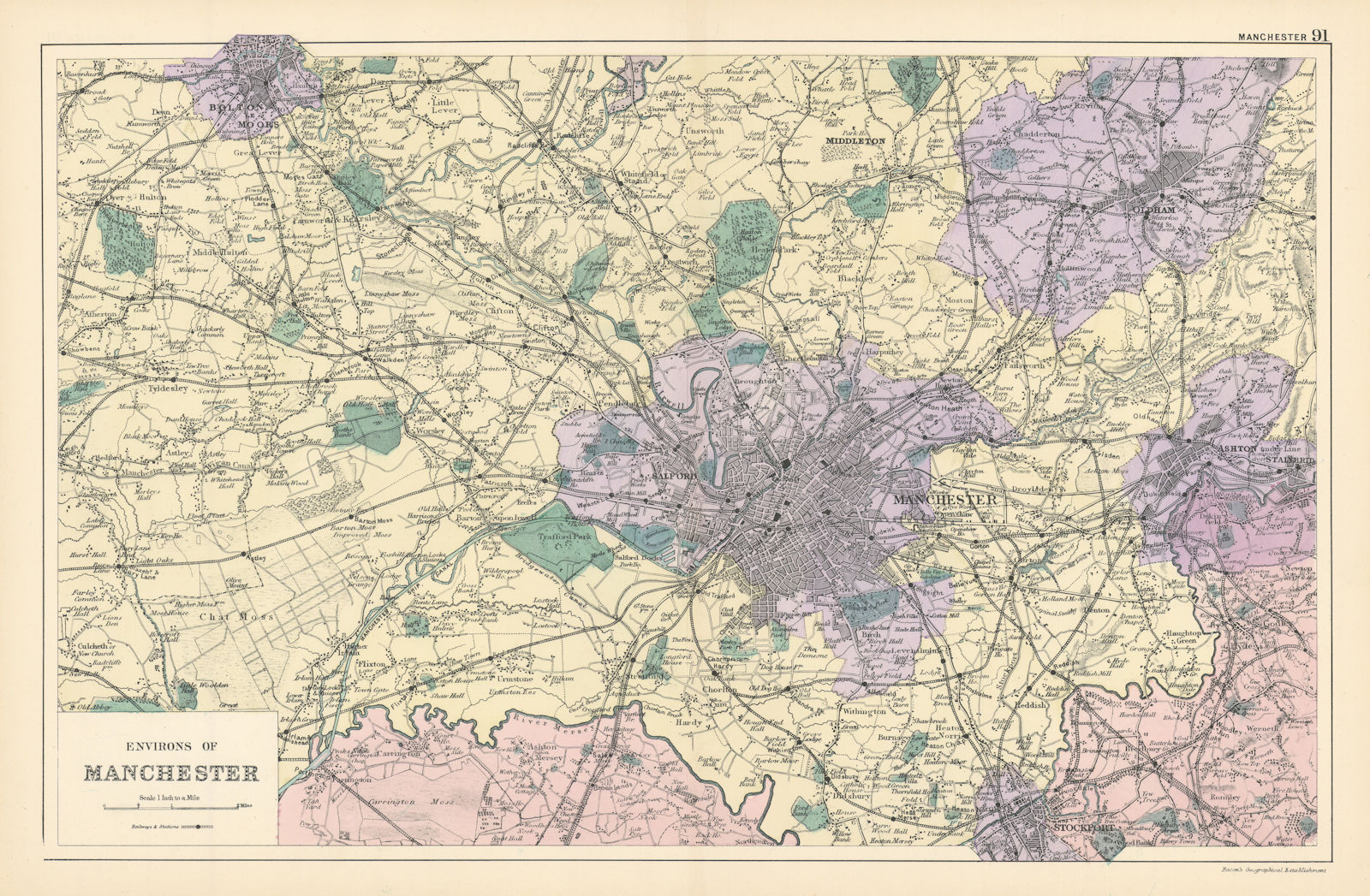 MANCHESTER & ENVIRONS Bolton Tameside Stockport Oldham antique map. BACON 1895