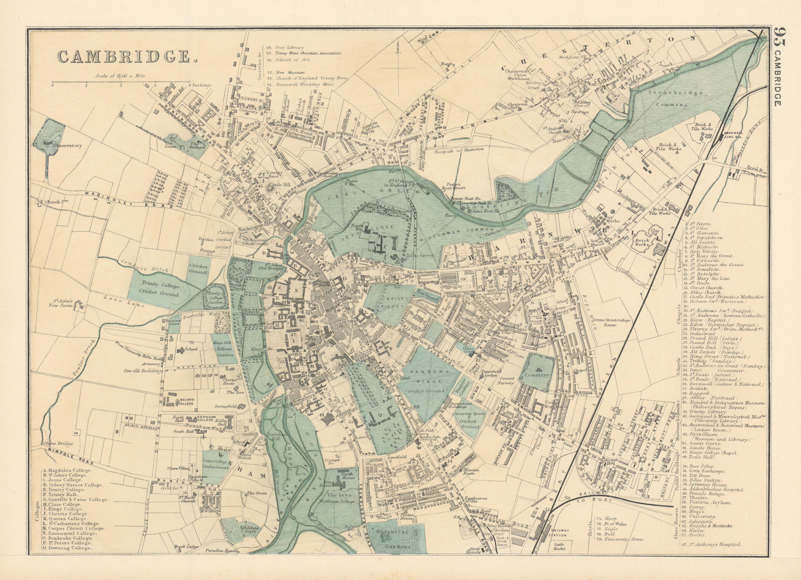 CAMBRIDGE antique town city plan by GW BACON University Colleges 1895 old map