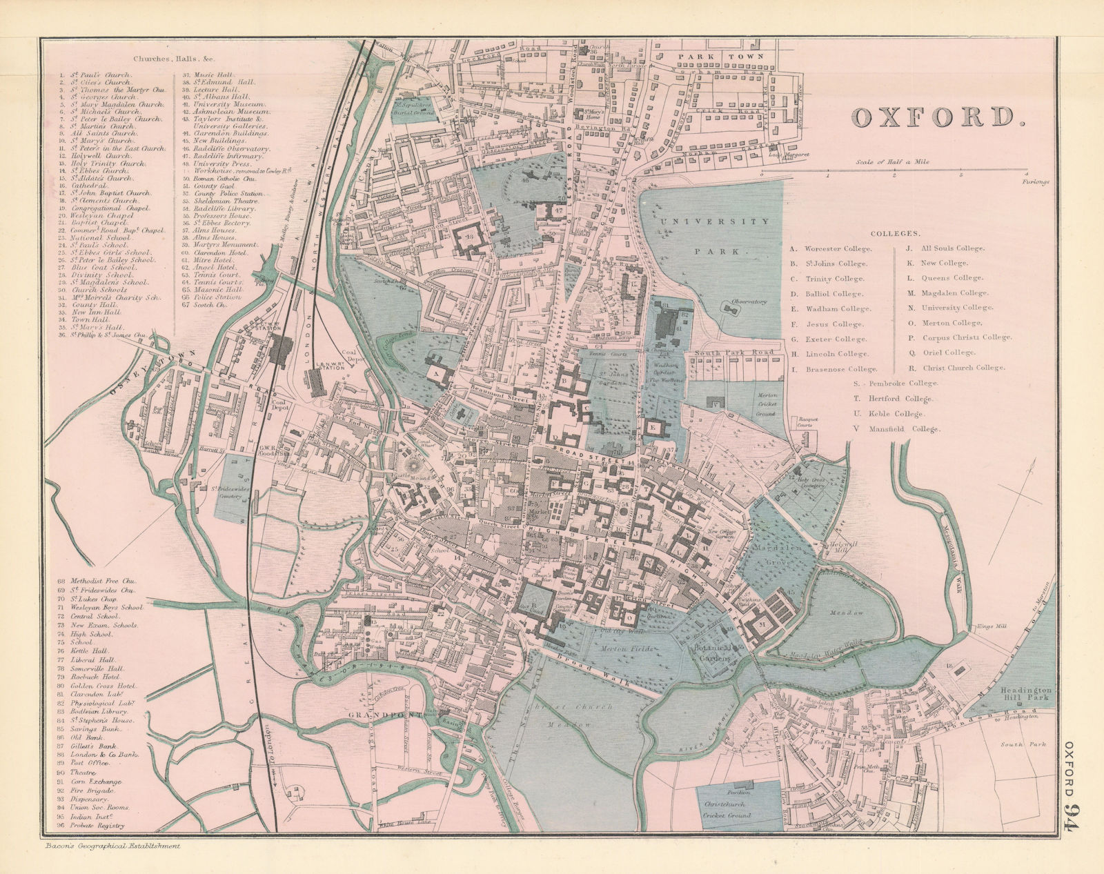 OXFORD antique town city plan by GW BACON University Colleges 1895 old map