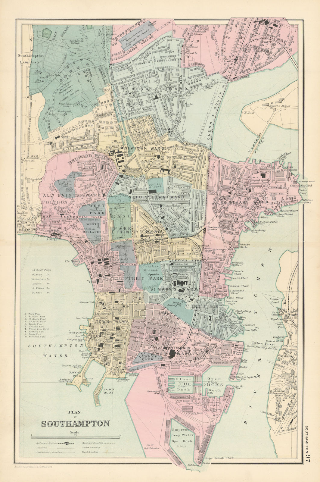 SOUTHAMPTON Bargate Bevois Portswood antique town city plan by GW BACON 1895 map