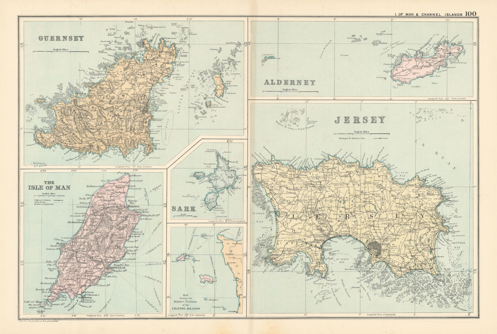 Associate Product CHANNEL ISLANDS & ISLE OF MAN Alderney Guernsey Jersey Sark by GW BACON 1895 map