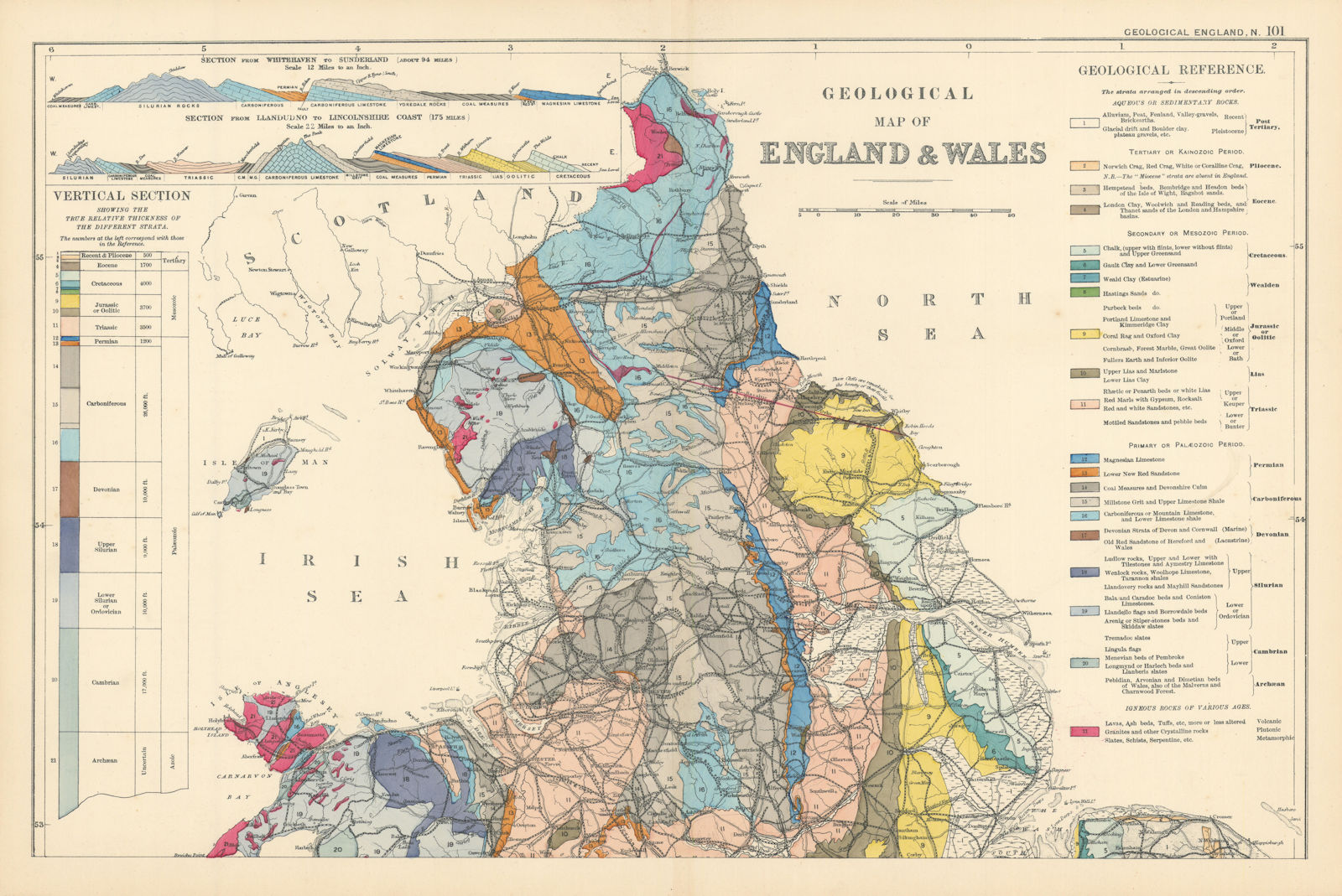 Associate Product GEOLOGICAL ENGLAND & WALES (North sheet) antique map by GW BACON 1895 old