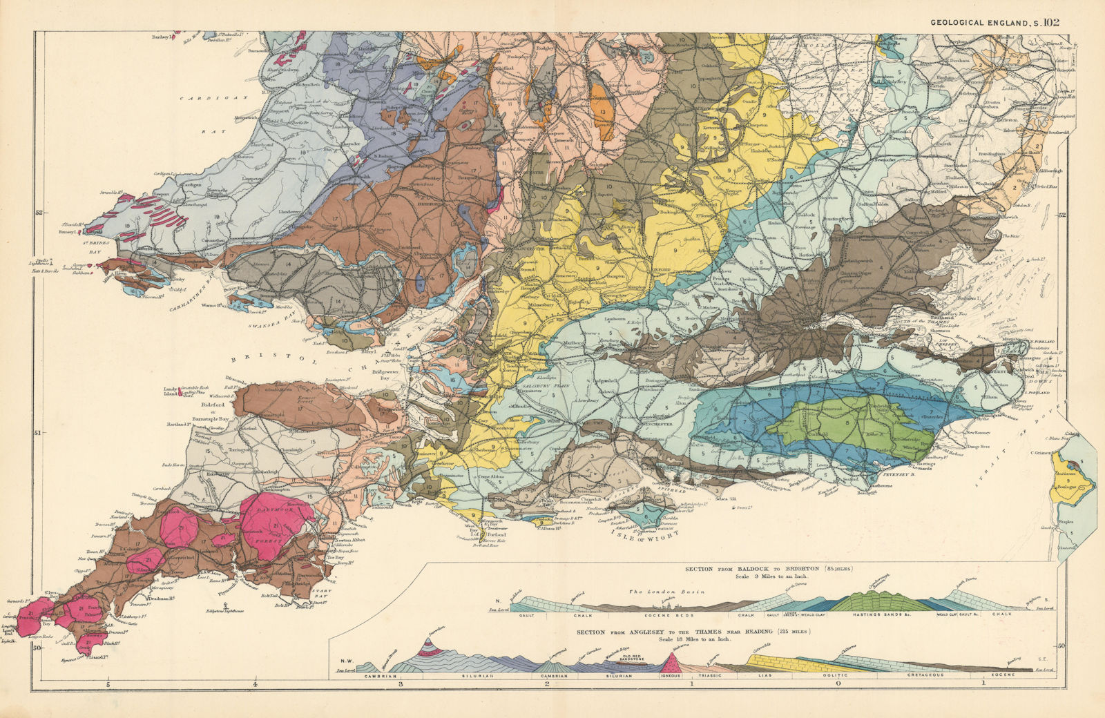 GEOLOGICAL ENGLAND & WALES (South sheet) antique map by GW BACON 1895 old