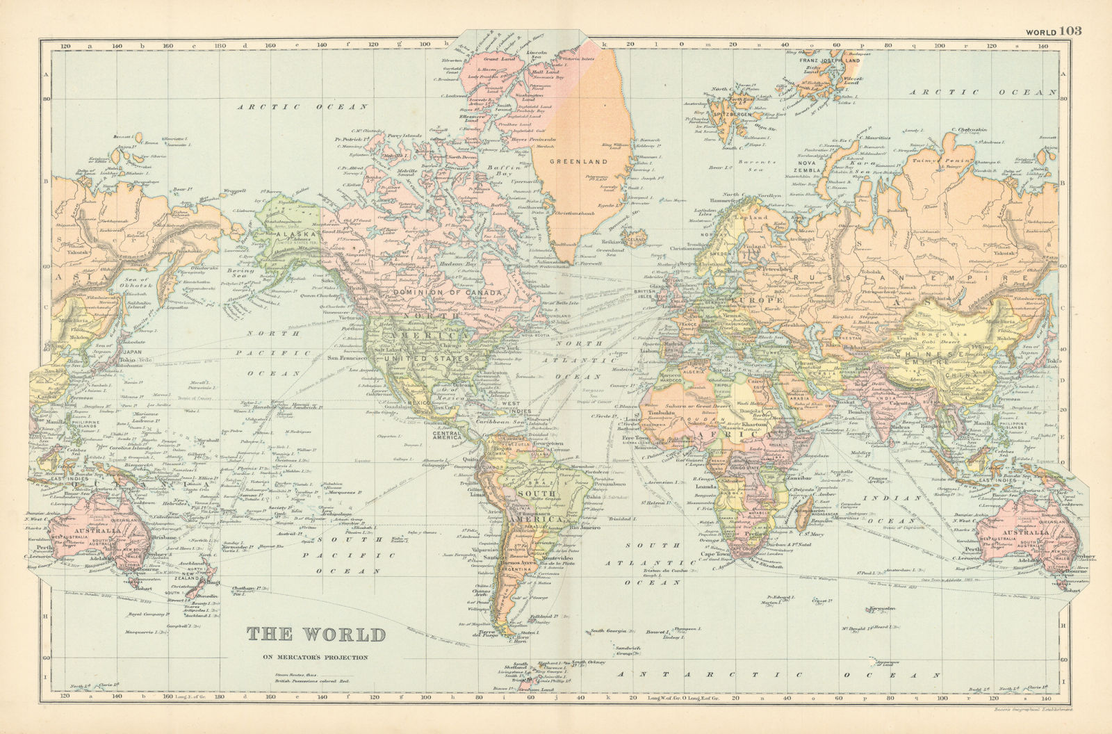 WORLD ON MERCATOR'S PROJECTION showing the BRITISH EMPIRE by GW BACON 1895 map