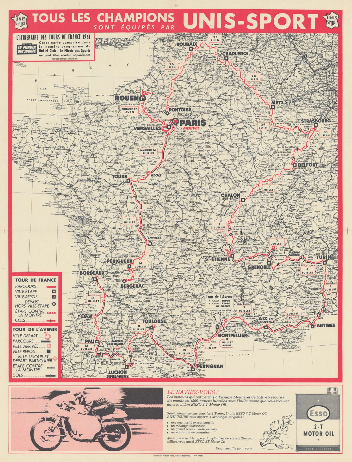 L'Itinéraire du Tour de France - Le Miroir des Sports. Cycling route map 1961