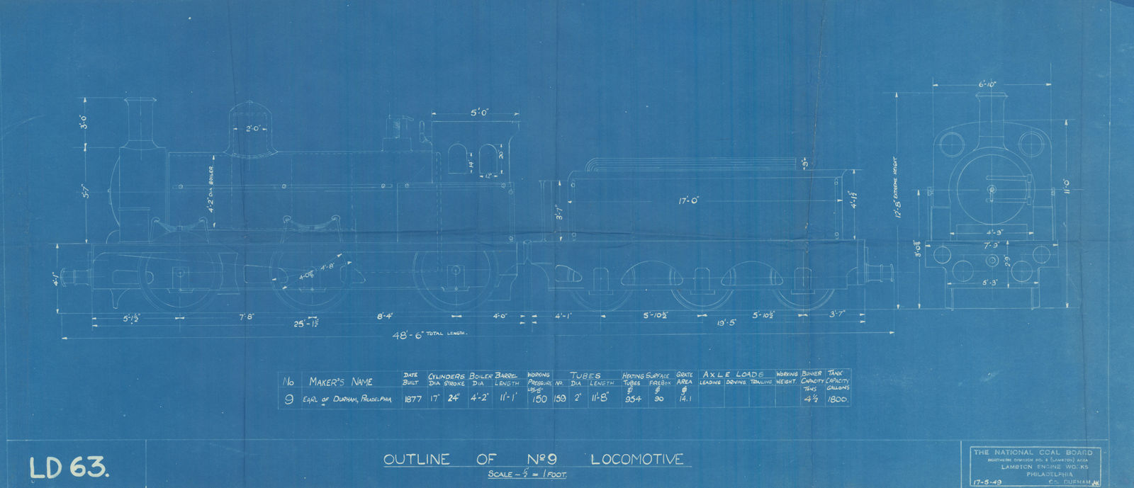 No 9 Locomotive blueprint. Built by Earl of Durham, Philadelphia 1877 (1949)