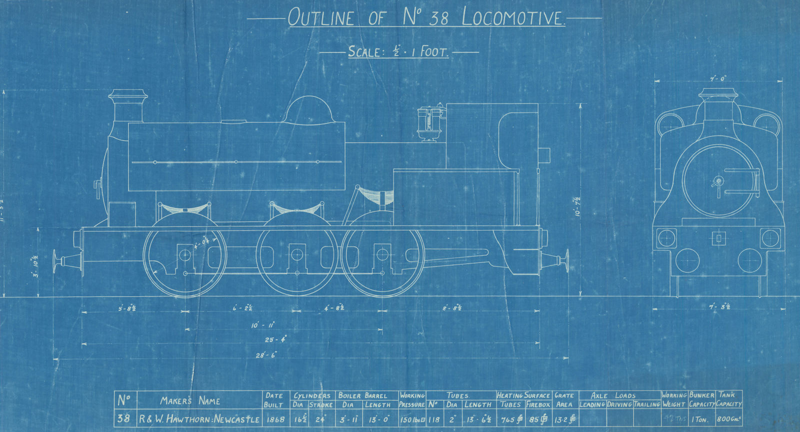 No 38 Locomotive blueprint. Built by R & W Hawthorn, Newcastle 1868 old