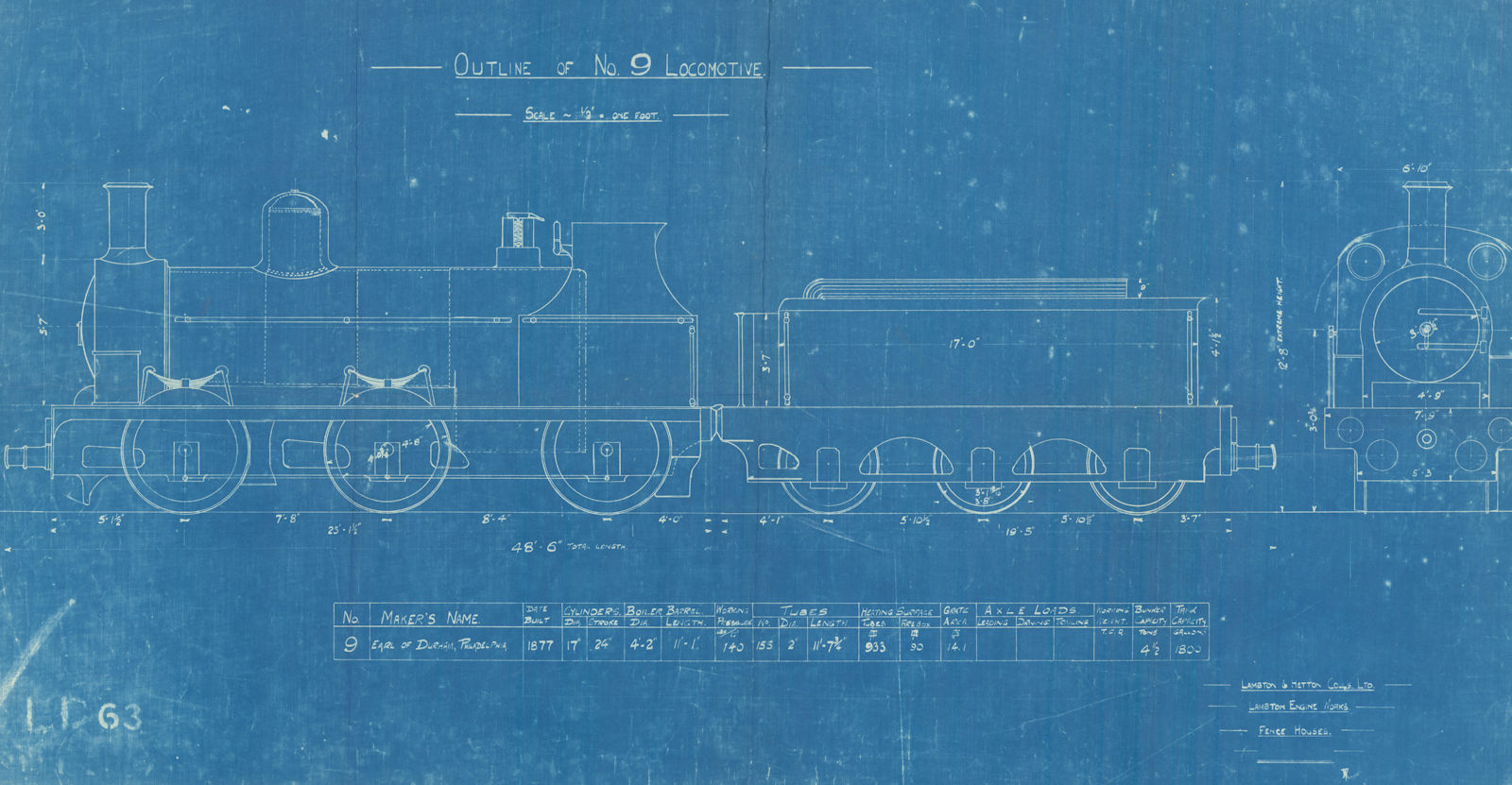 No 9 Locomotive blueprint. Built by Earl of Durham, Philadelphia 1877 (1911)