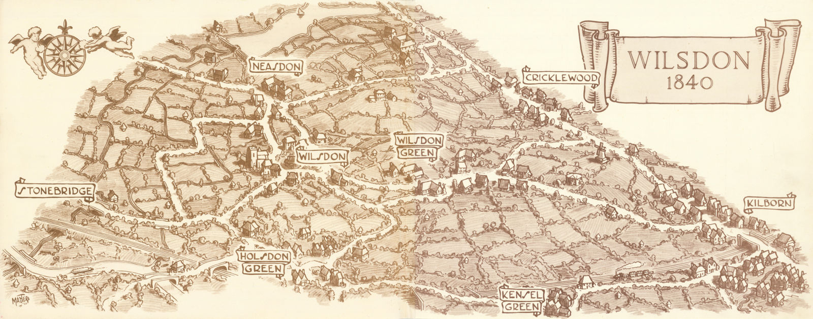 Wilsdon 1840. Willesden Kensal Kilburn Neasden Cricklewood pictorial map 1950