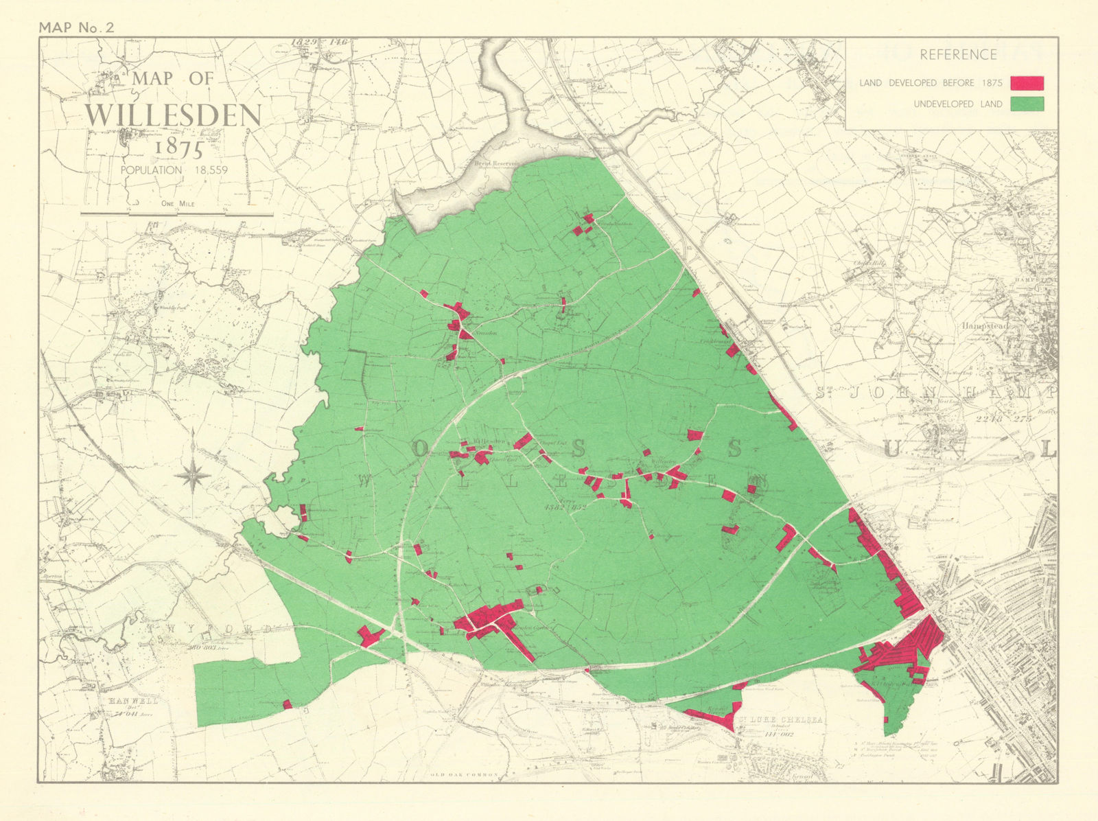 Map of Willesden 1875. Kensal Kilburn Harlesden Neasden Cricklewood 1950