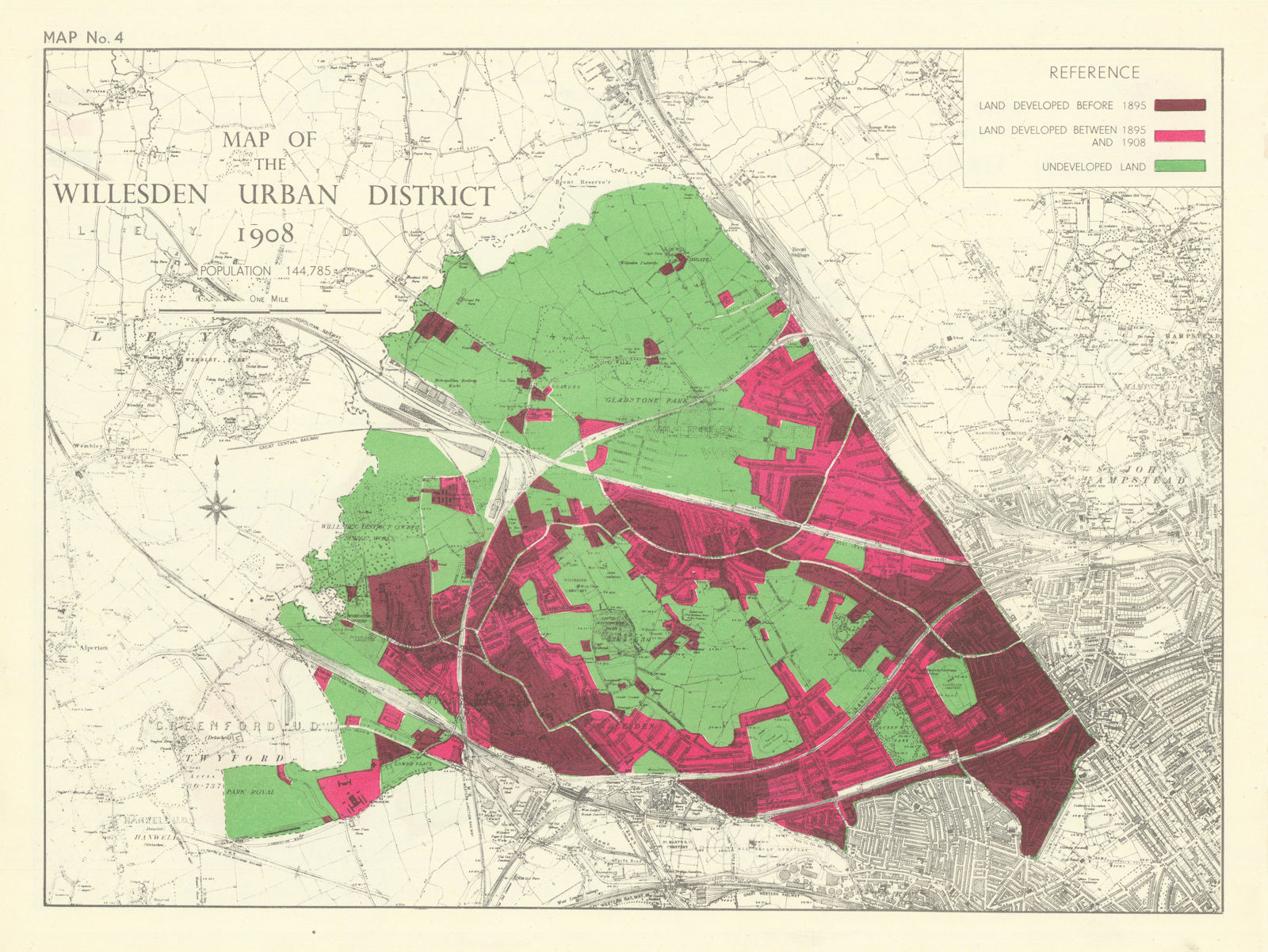 Map of the Willesden Urban District 1908. Kensal Kilburn Neasden 1950 old