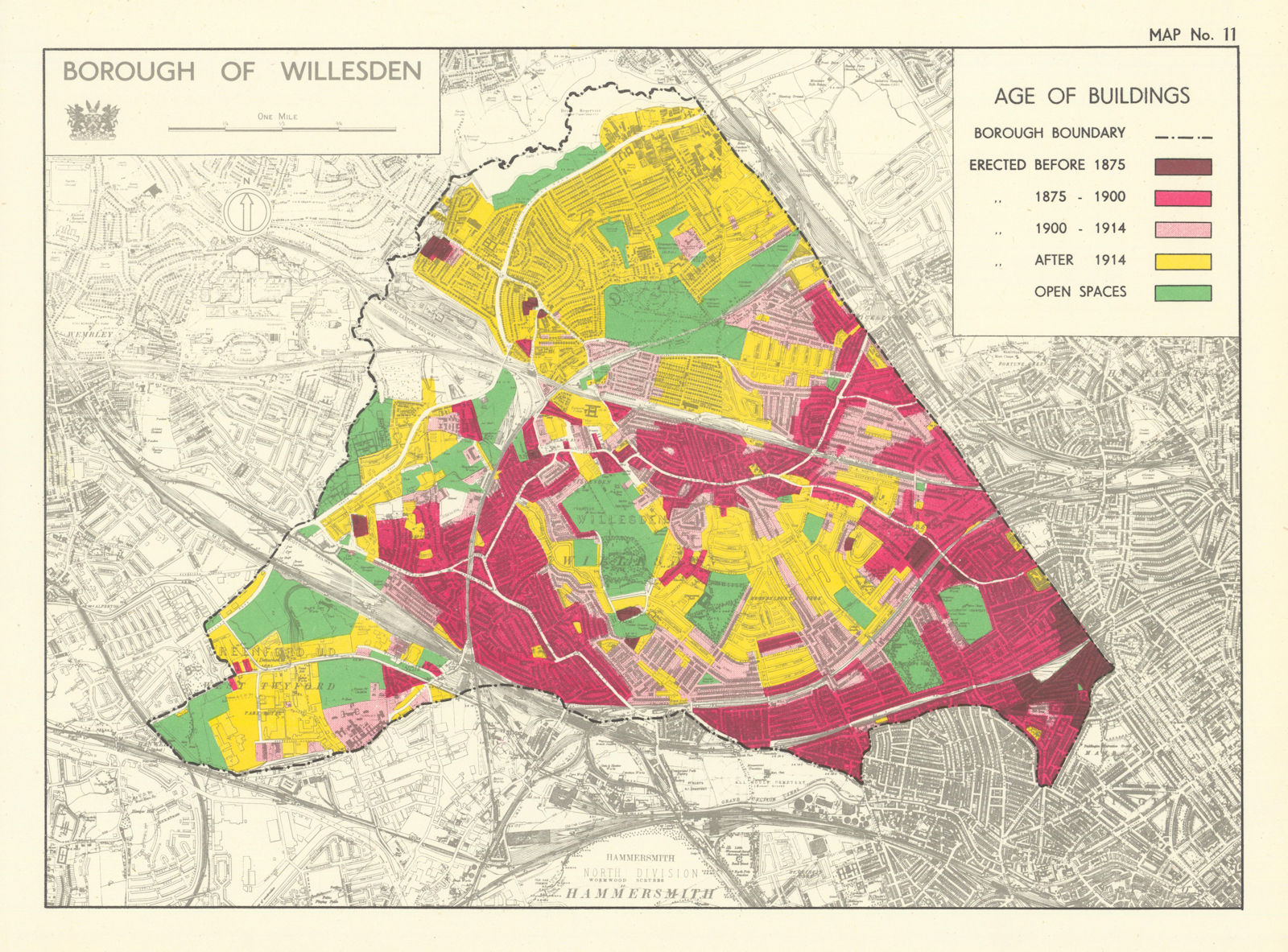 Willesden Borough. Age of buildings. Kensal Kilburn Neasden 1950 old map
