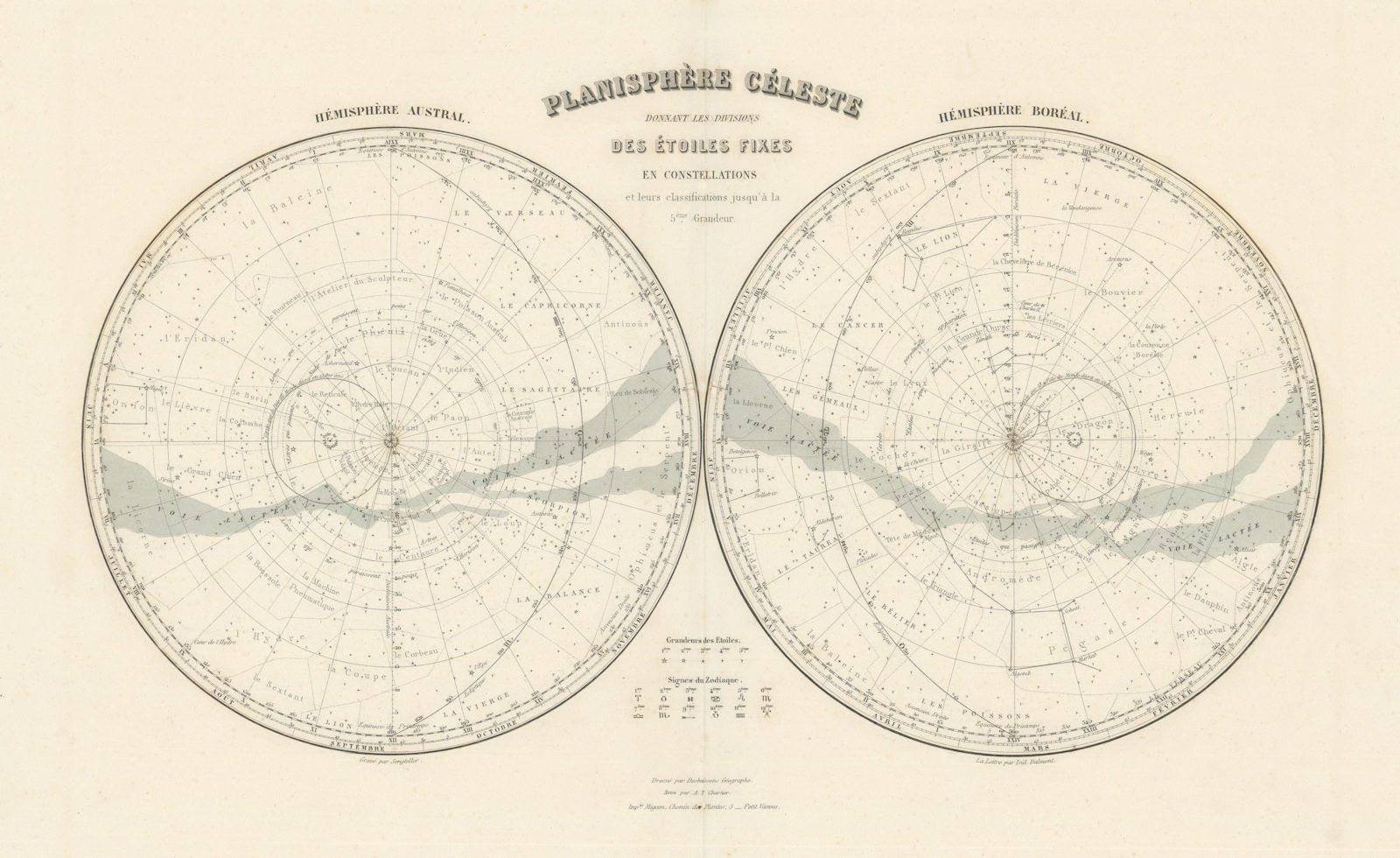 Planisphère céleste by Migeon. Astronomical twin hemisphere star charts 1861 map