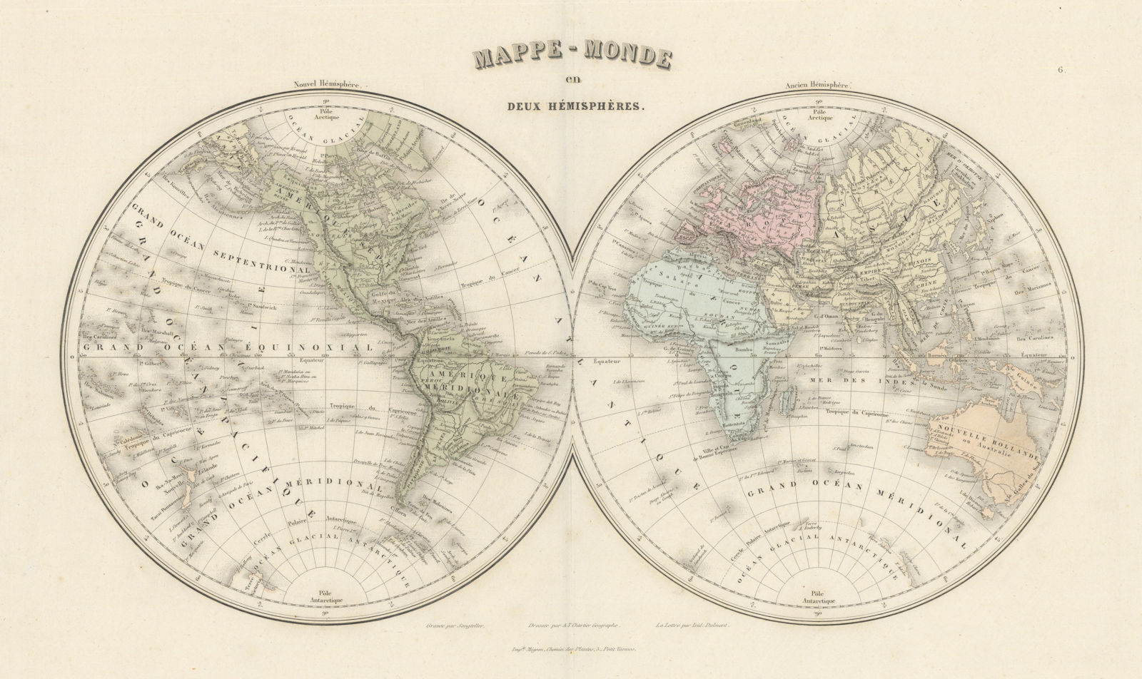 Mappemonde en Deux Hémisphères by Migeon. World twin hemispheres 1861 old