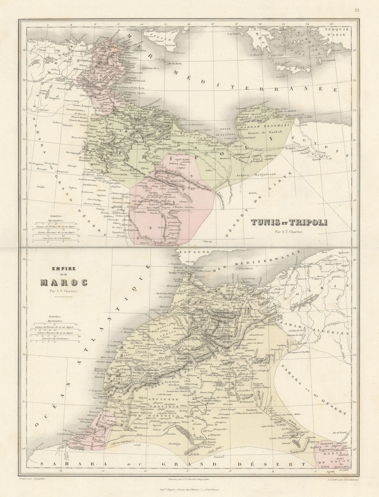 Tunis & Tripoli // Empire du Maroc by Migeon. Tunisia Libya Morocco 1861 map