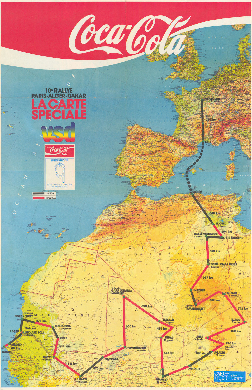 10e rallye Paris-Dakar Carte Speciale Coca Cola. Poster route map 88x56cm 1988