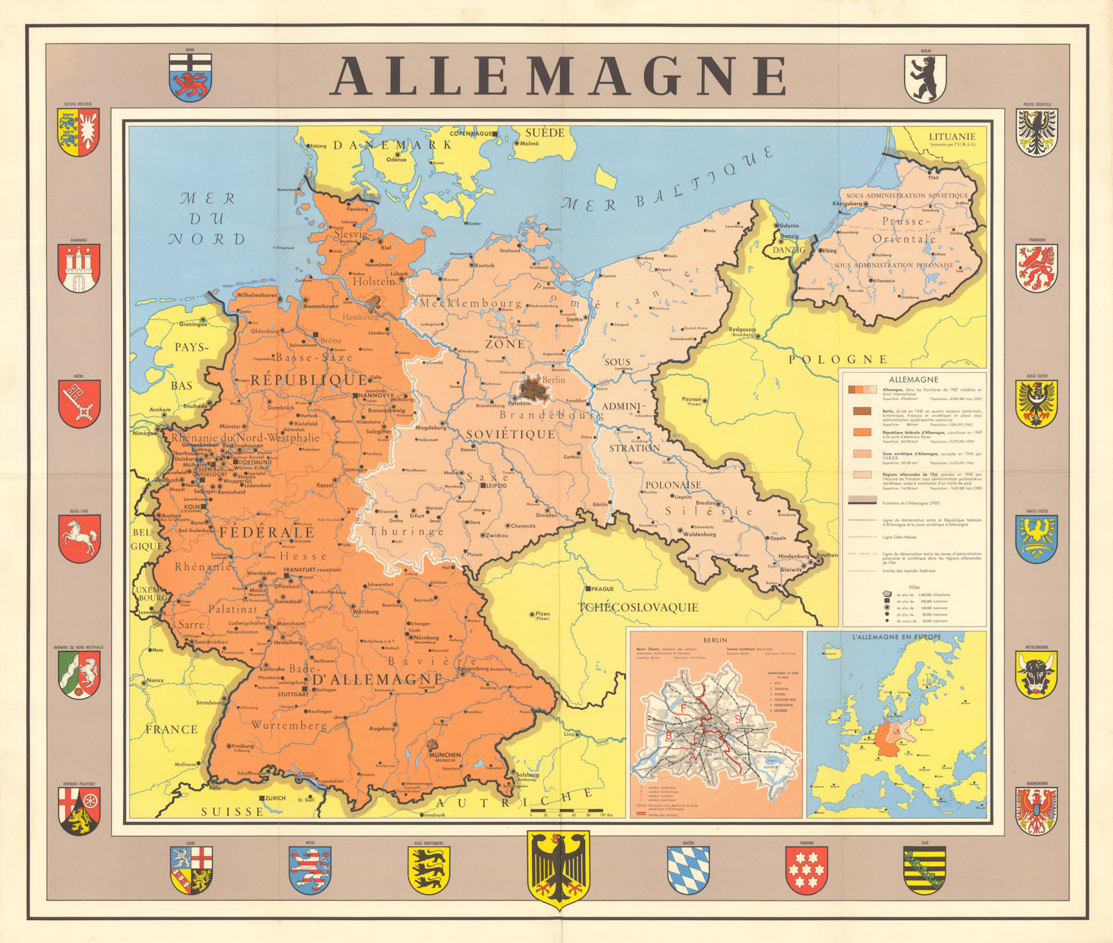 Allemagne. Post WW2 administration zones of pre-war Germany 1949 old map