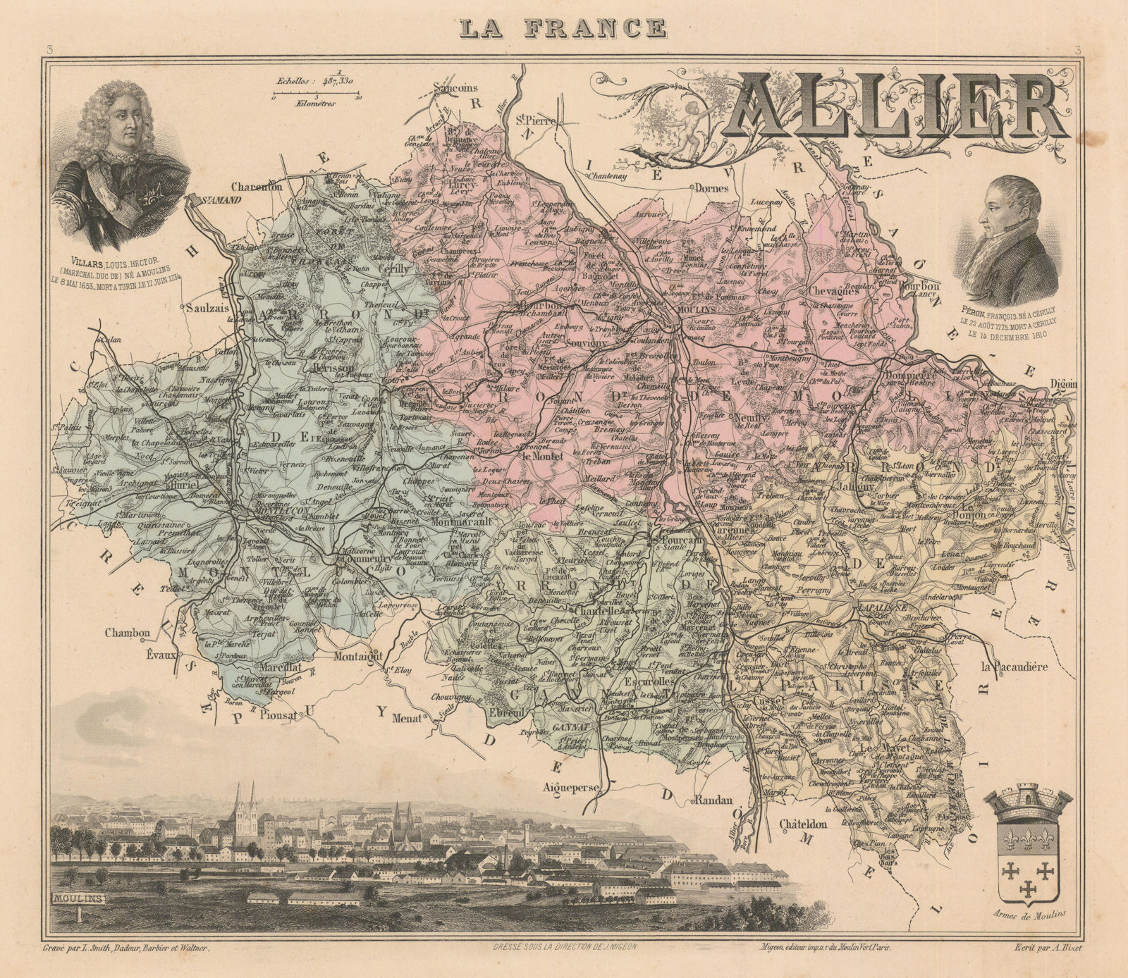 Allier département. Moulins vignette. Vuillemin 1890 old antique map chart