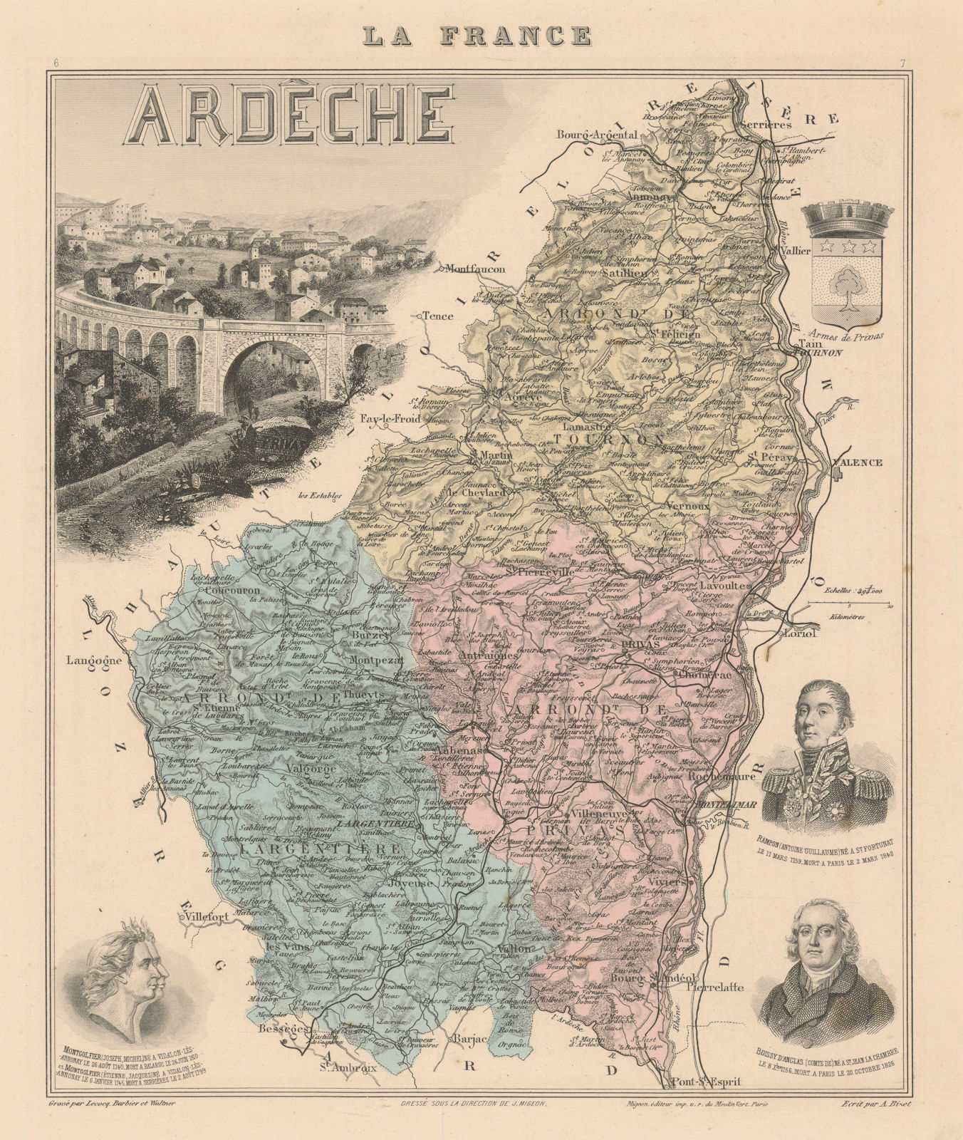 Ardèche département. Privas vignette. Vuillemin 1890 old antique map chart