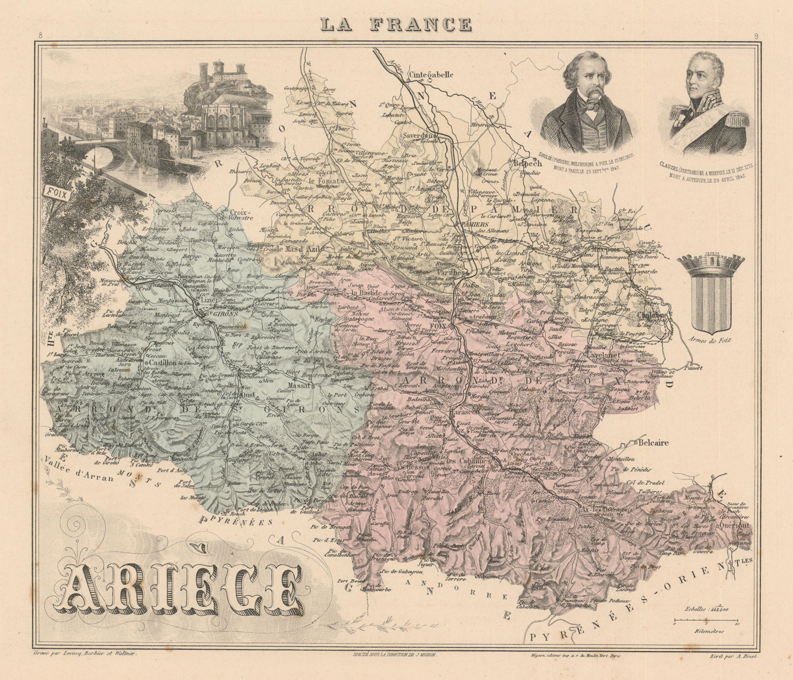 Ariège département. Foix vignette. Vuillemin 1890 old antique map plan chart