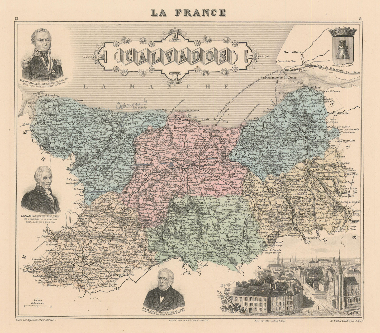 Calvados département. Caen vignette. Vuillemin 1890 old antique map plan chart