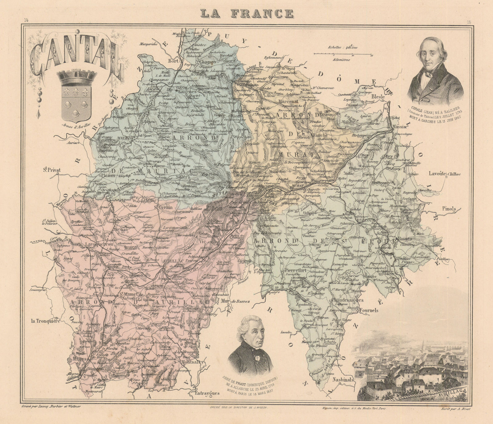 Cantal département. Aurillac vignette. Vuillemin 1890 old antique map chart