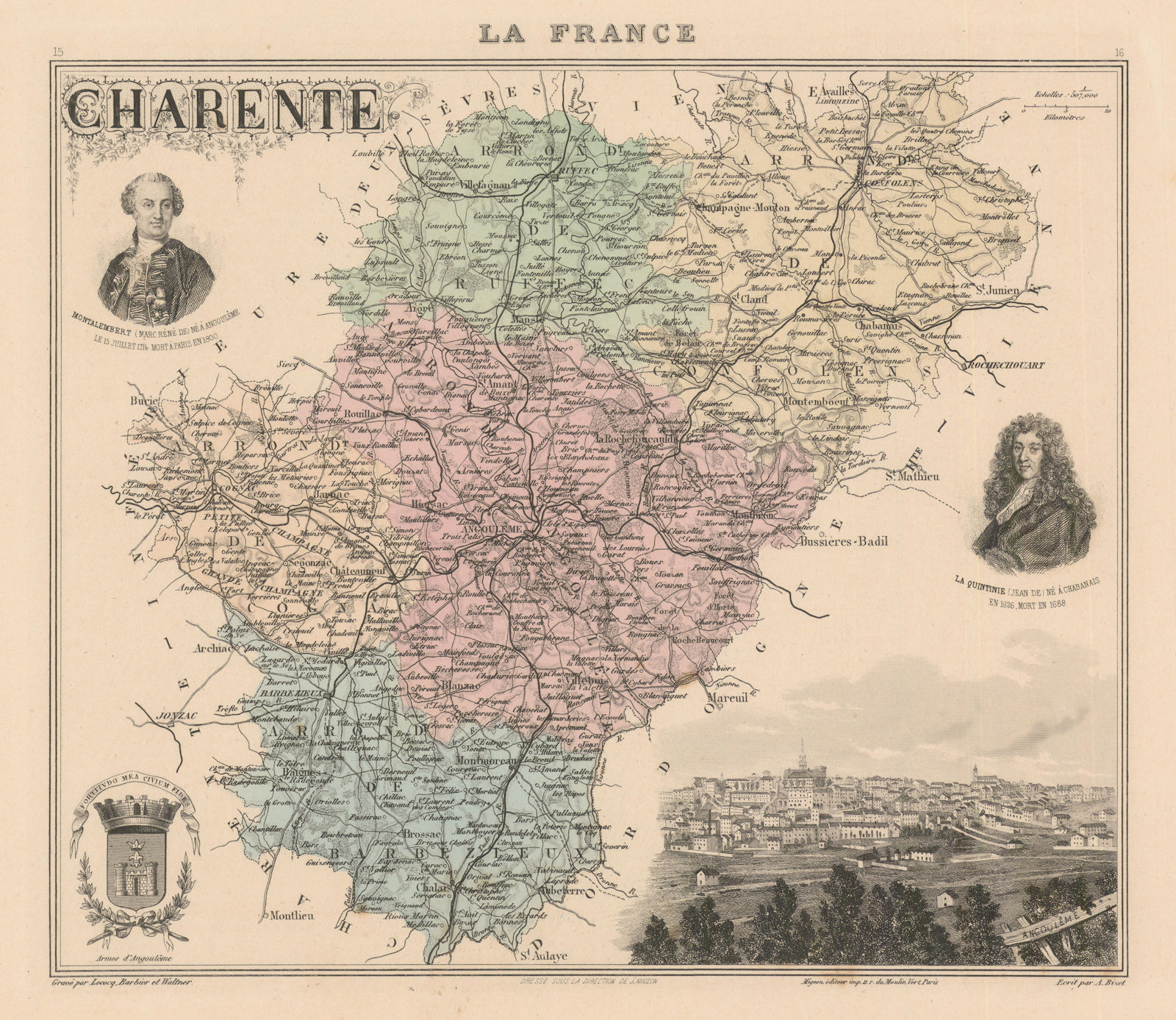 Charente département. Angoulême vignette. Vuillemin 1890 old antique map chart