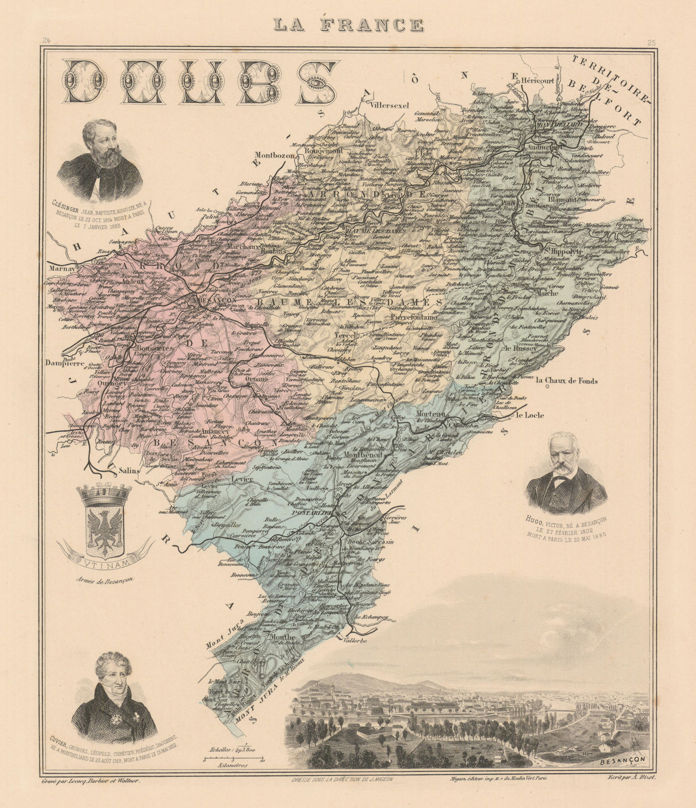 Doubs département. Besançon vignette. Vuillemin 1890 old antique map chart