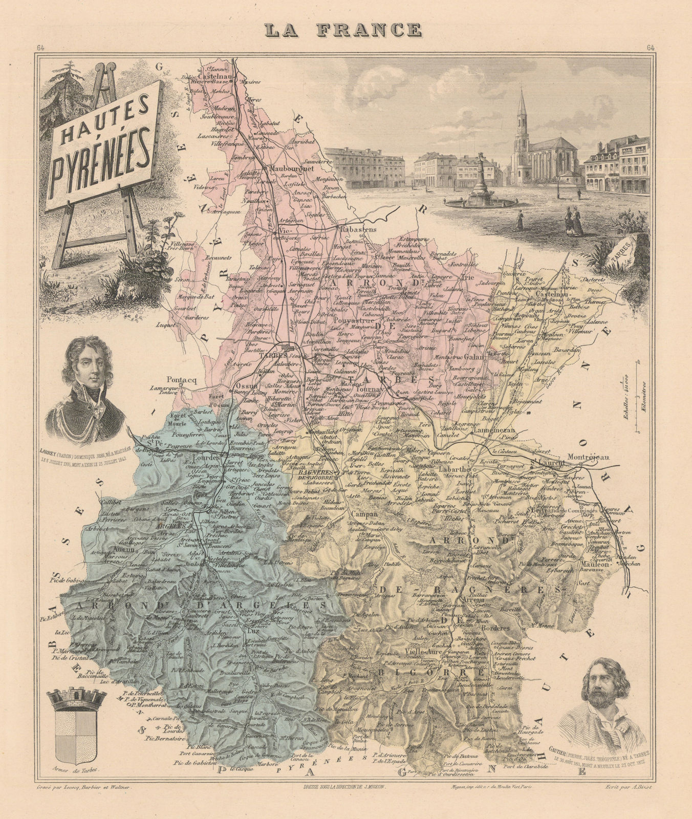 Hautes-Pyrénées département. Tarbes vignette. Vuillemin 1890 old antique map