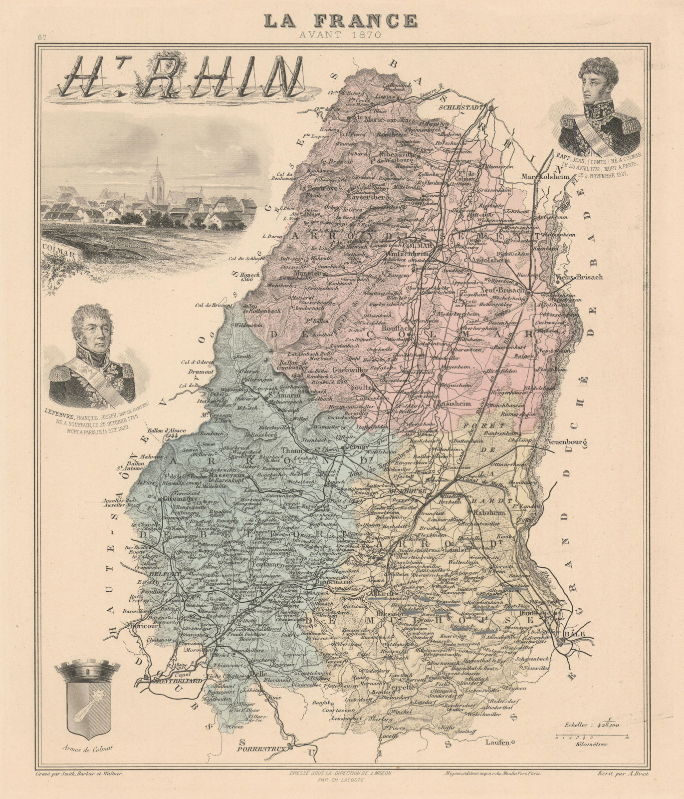 Haut-Rhin département. Colmar vignette. Vuillemin 1890 old antique map chart