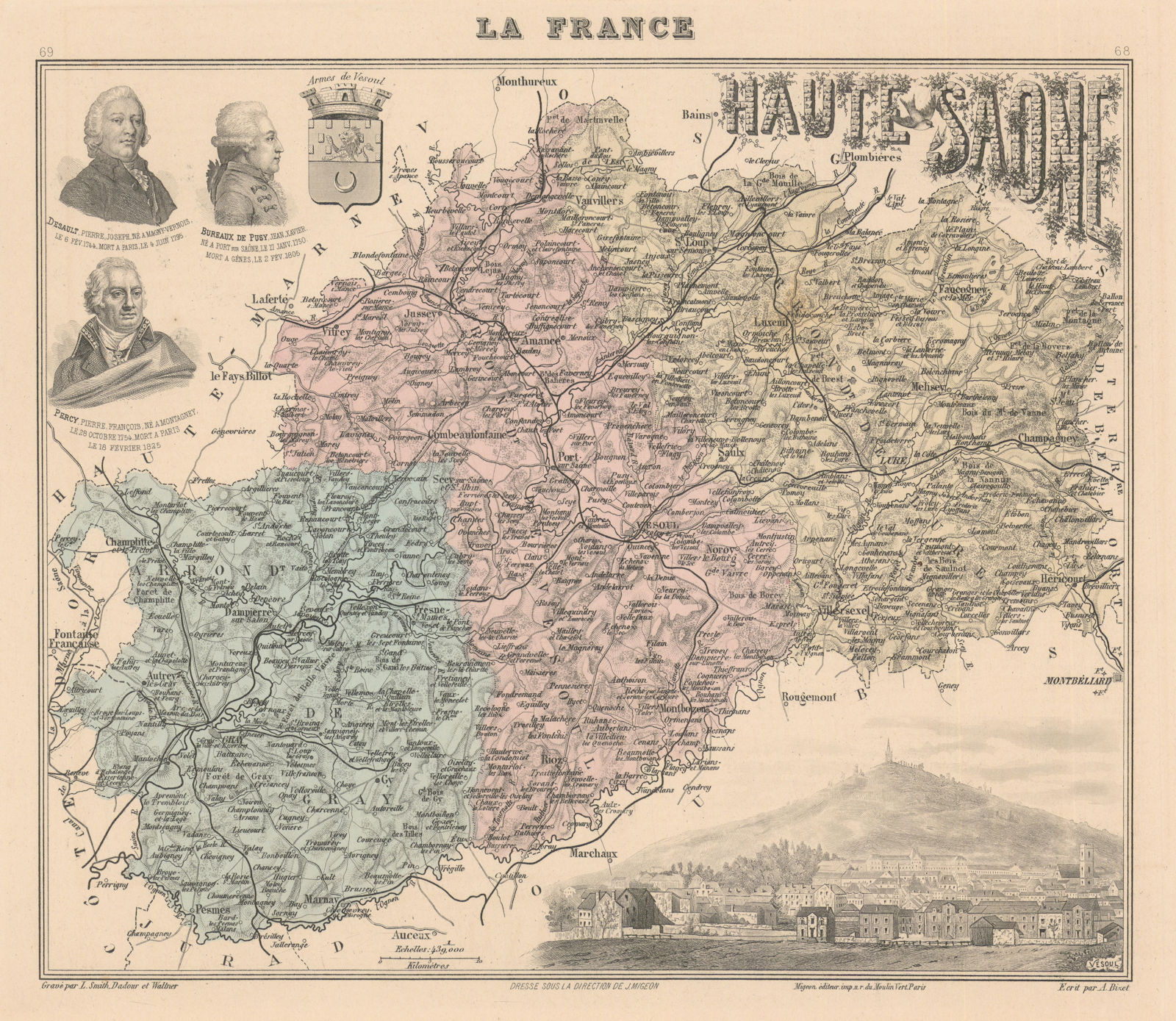 Haute-Saône département. Vesoul vignette. Vuillemin 1890 old antique map chart