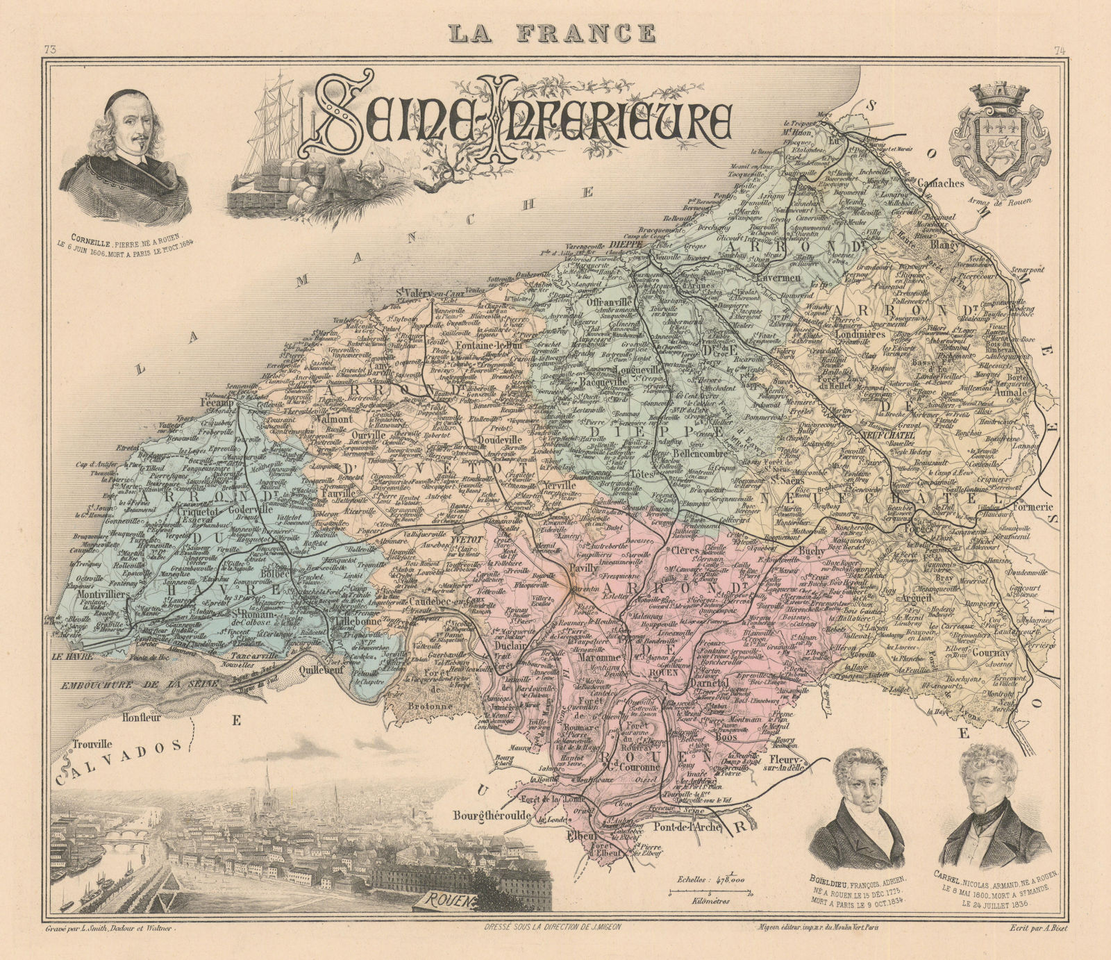 Seine-Maritime / Seine-Inférieure département. Rouen. Vuillemin 1890 old map