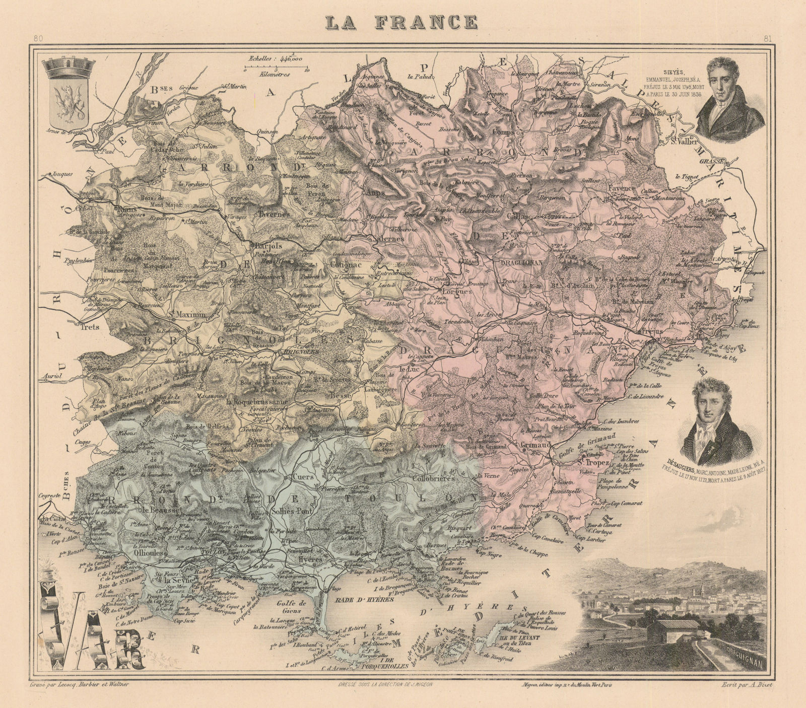 Var département. Draguignan vignette. Vuillemin 1890 old antique map chart