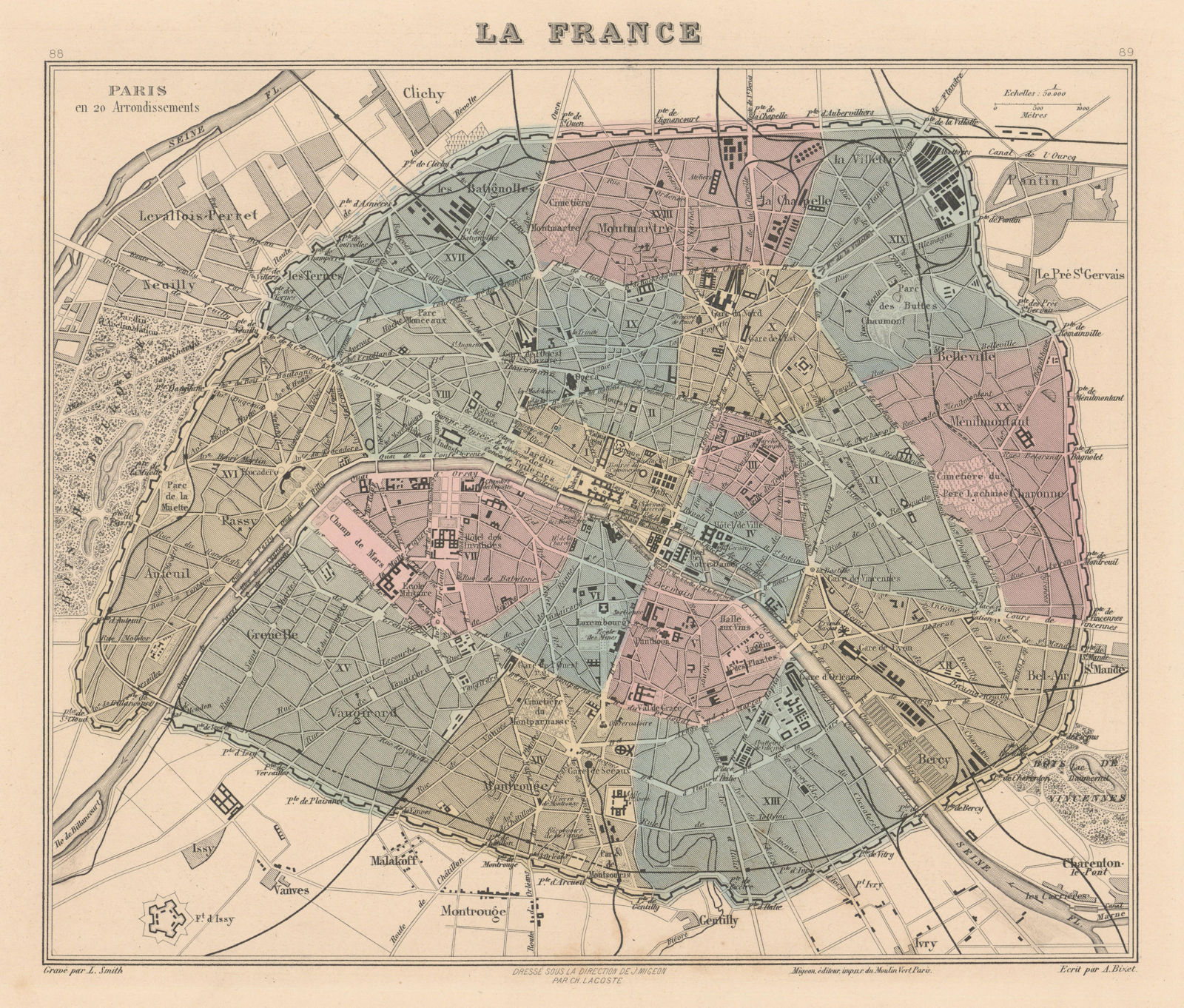 Paris en 20 Arrondissements by Vuillemin 1890 old antique map plan chart