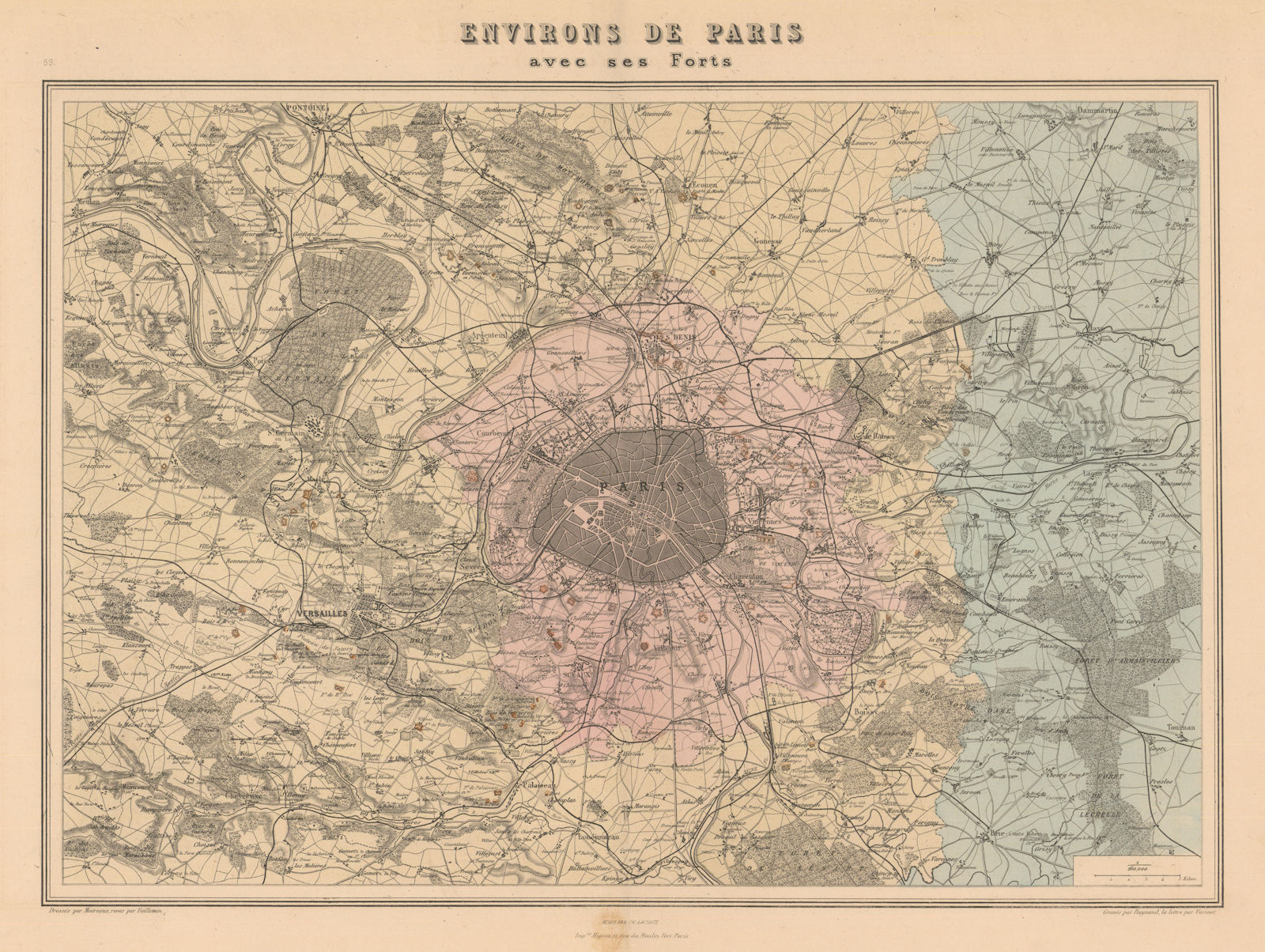 Environs de Paris avec ses forts. Paris fortifications. Vuillemin 1890 old map