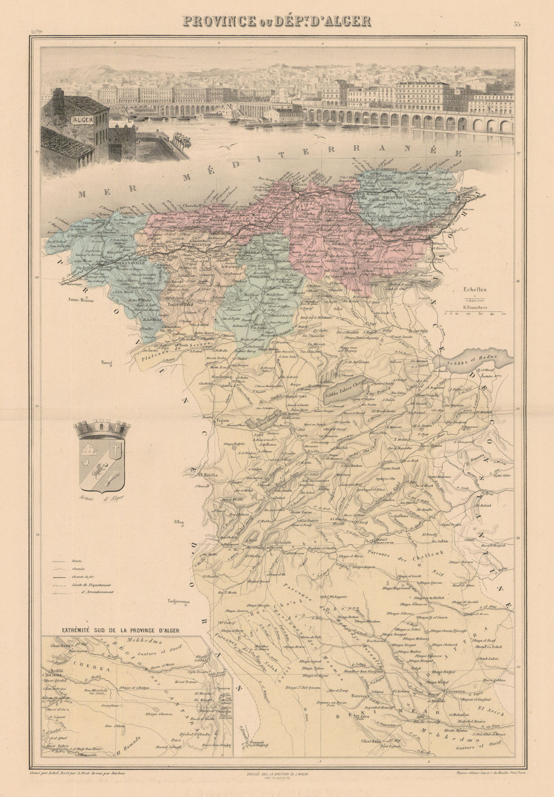 French Algeria. Province d'Alger (Algiers). Vuillemin 1890 old antique map