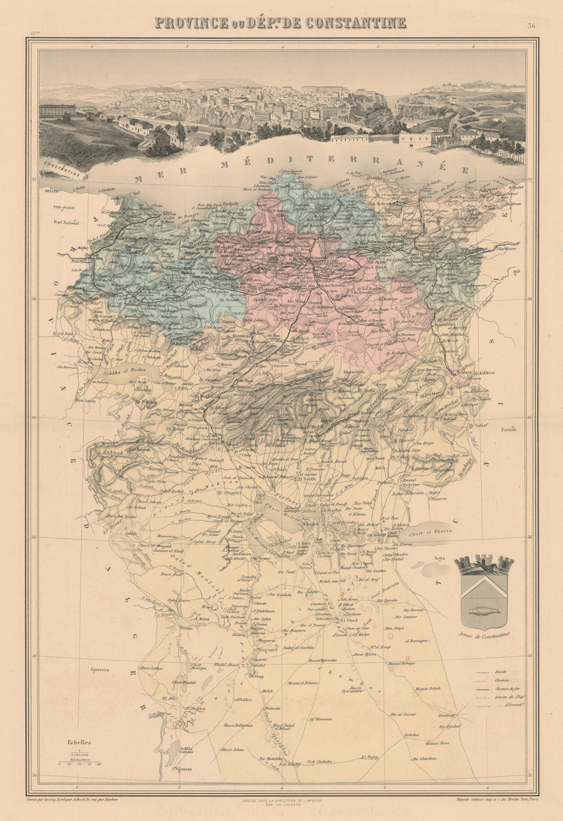 French Algeria. Province de Constantine. Vuillemin.  1890 old antique map