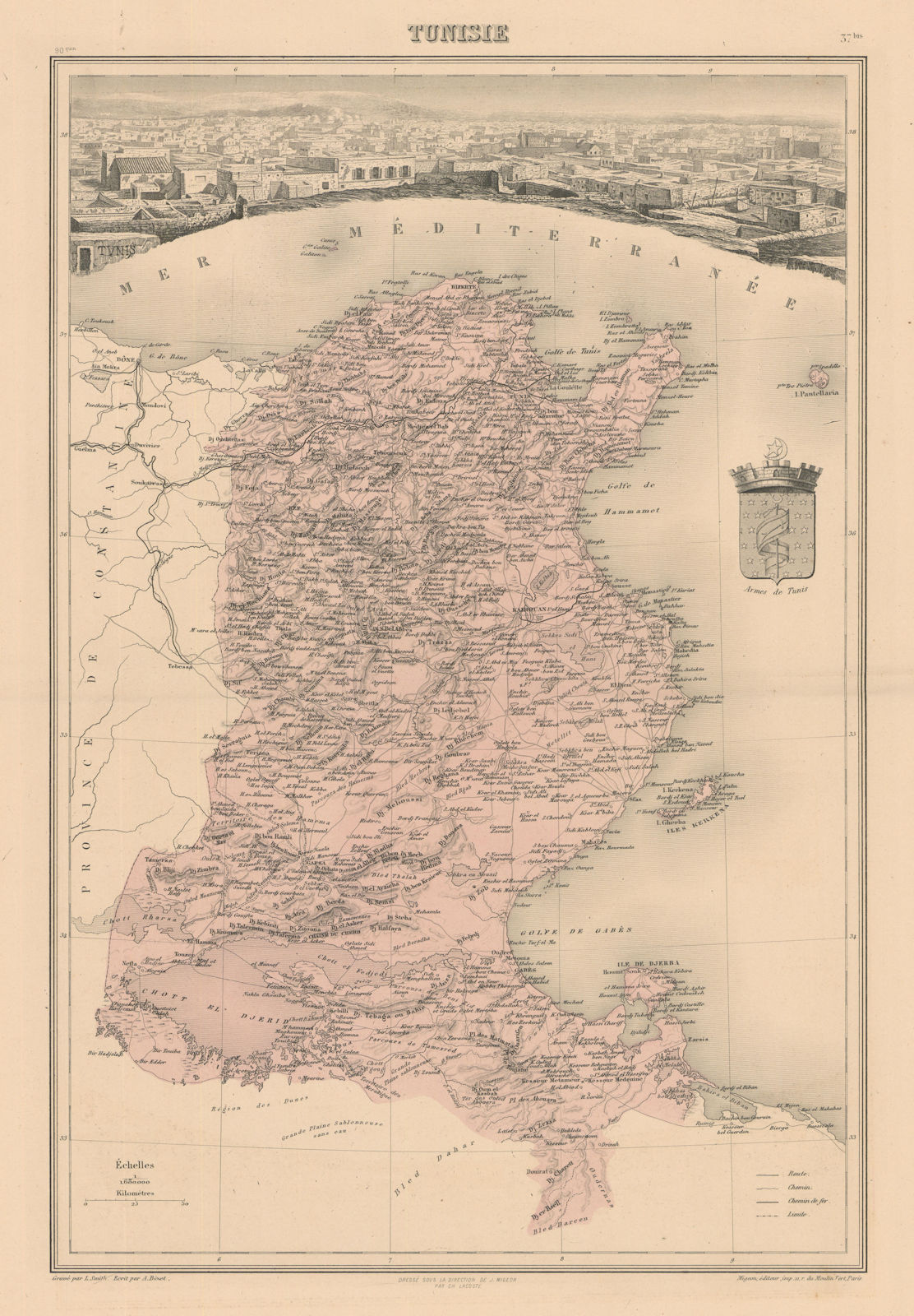 French Tunisia. Tunisie. Vuillemin.  1890 old antique vintage map plan chart
