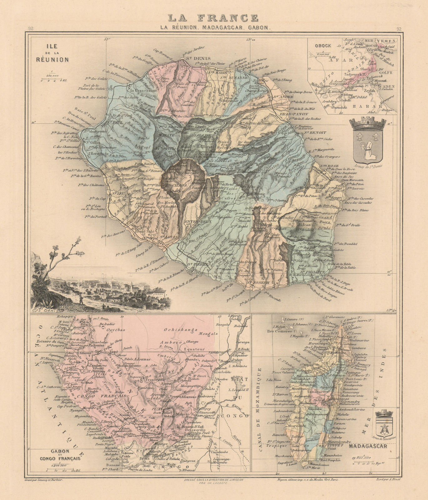 La Réunion, Madagascar, Gabon & French Congo Français. Vuillemin 1890 old map