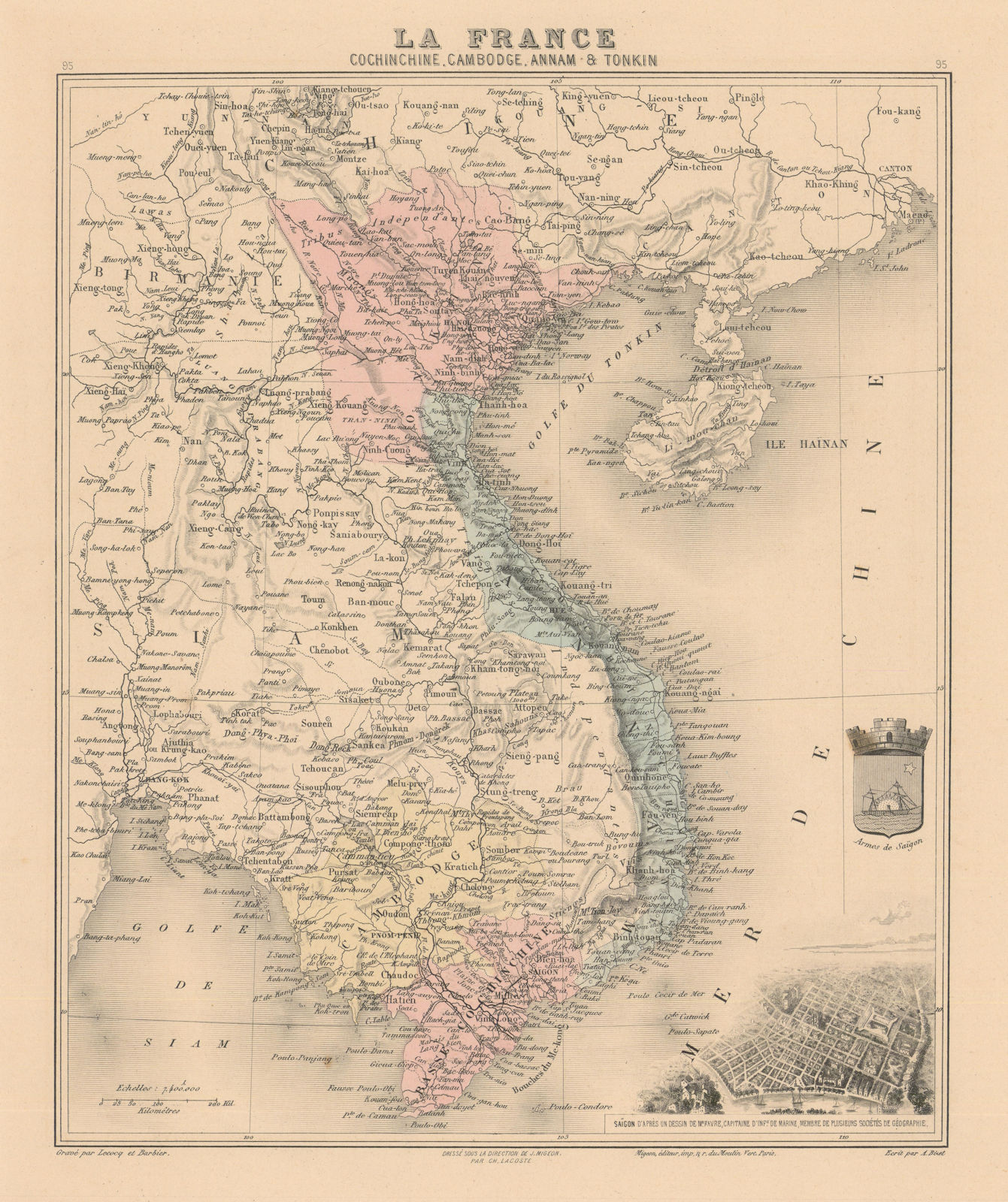 French Indochina. Cochinechine Cambodge Annam Tonkin. Vietnam Cambodia 1890 map