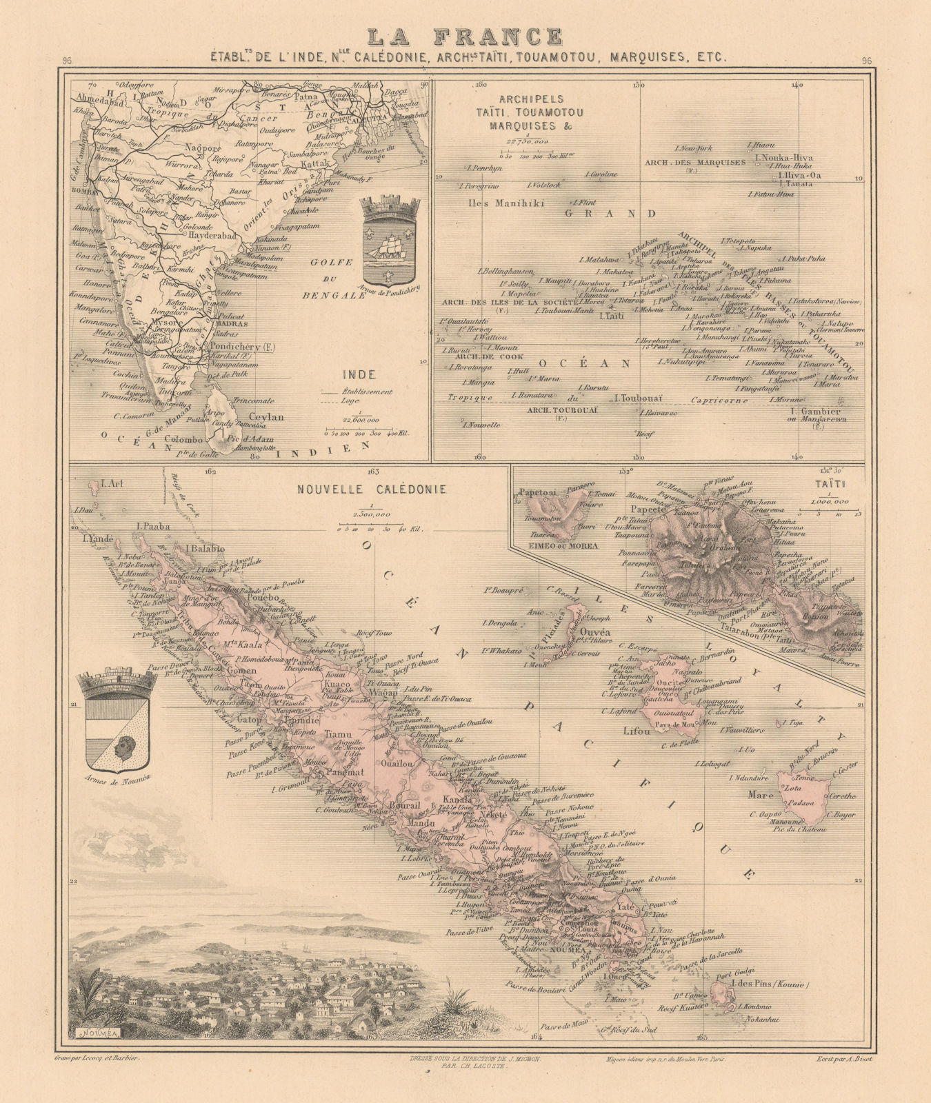 French colonies in India, New Caledonia, Polynesia. Tahiti. Vuillemin 1890 map