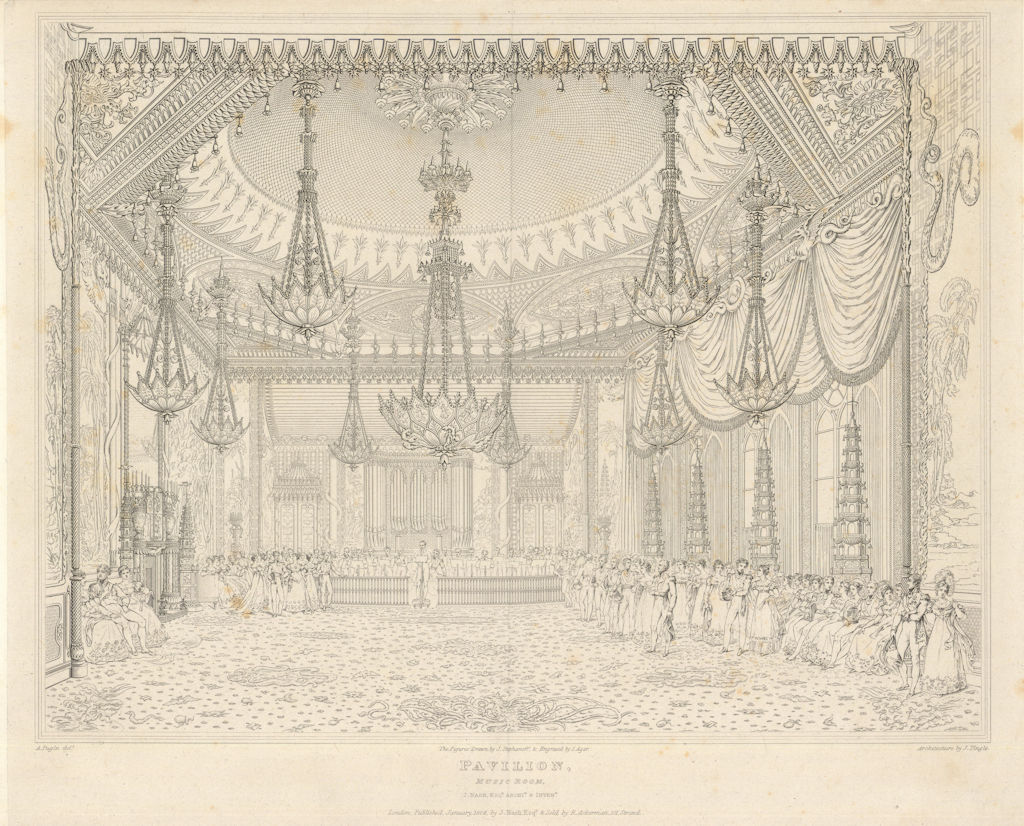 Brighton Royal Pavilion - Music Room - John Nash / Augustus Pugin 1826 print